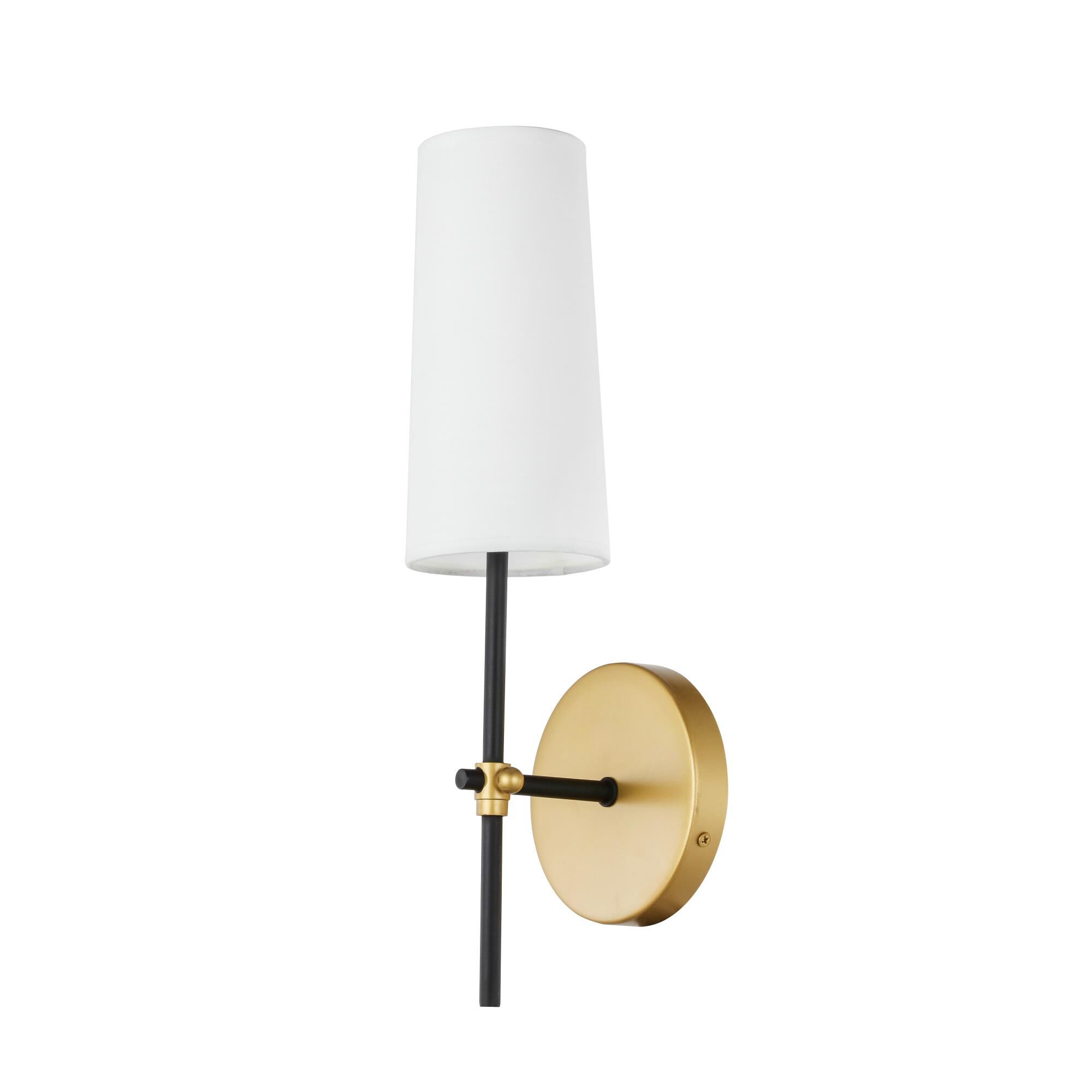 Shown in Brass And Black finish and White Fabric shade