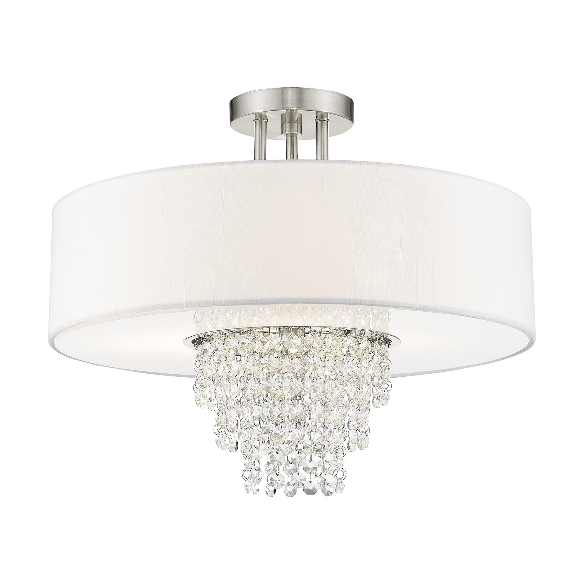 Shown in Brushed Nickel finish and Clear crystal and Off-White Sheer Organza shade