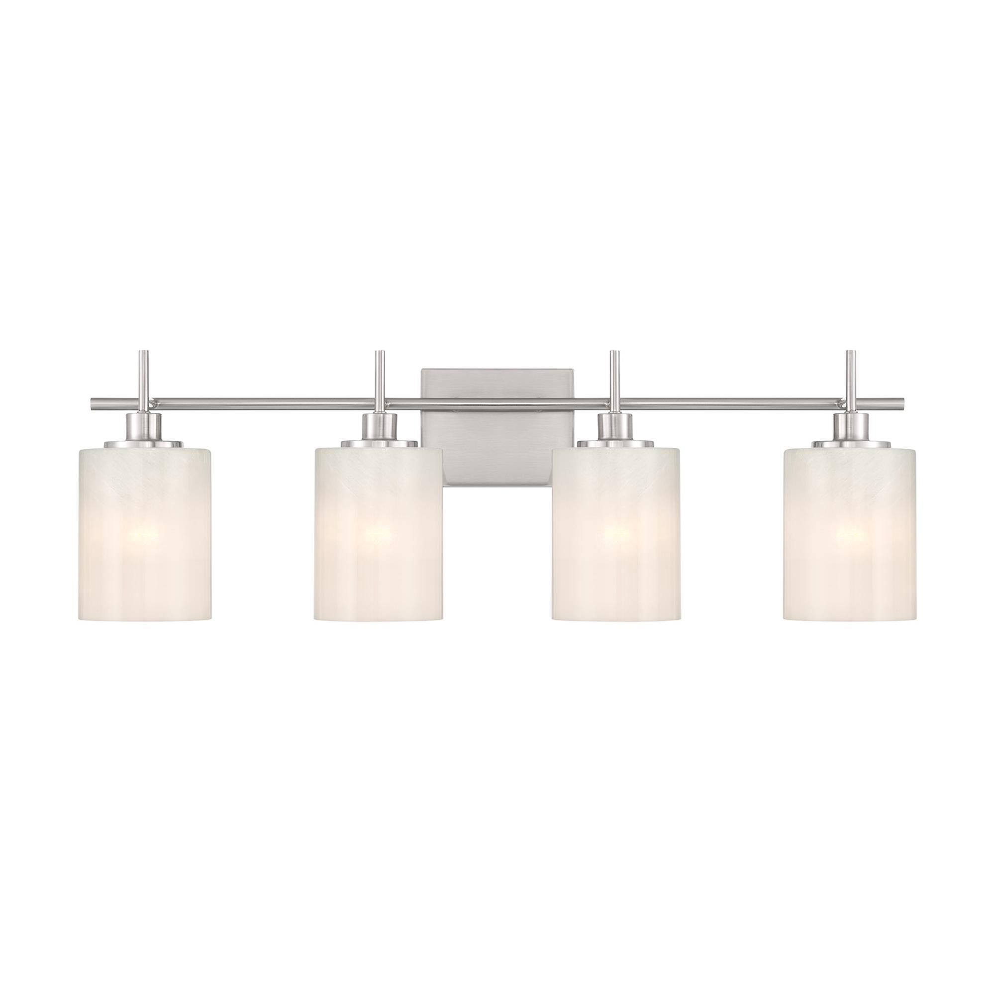 Shown in Brushed Nickel finish and White Strie glass and Glass shade