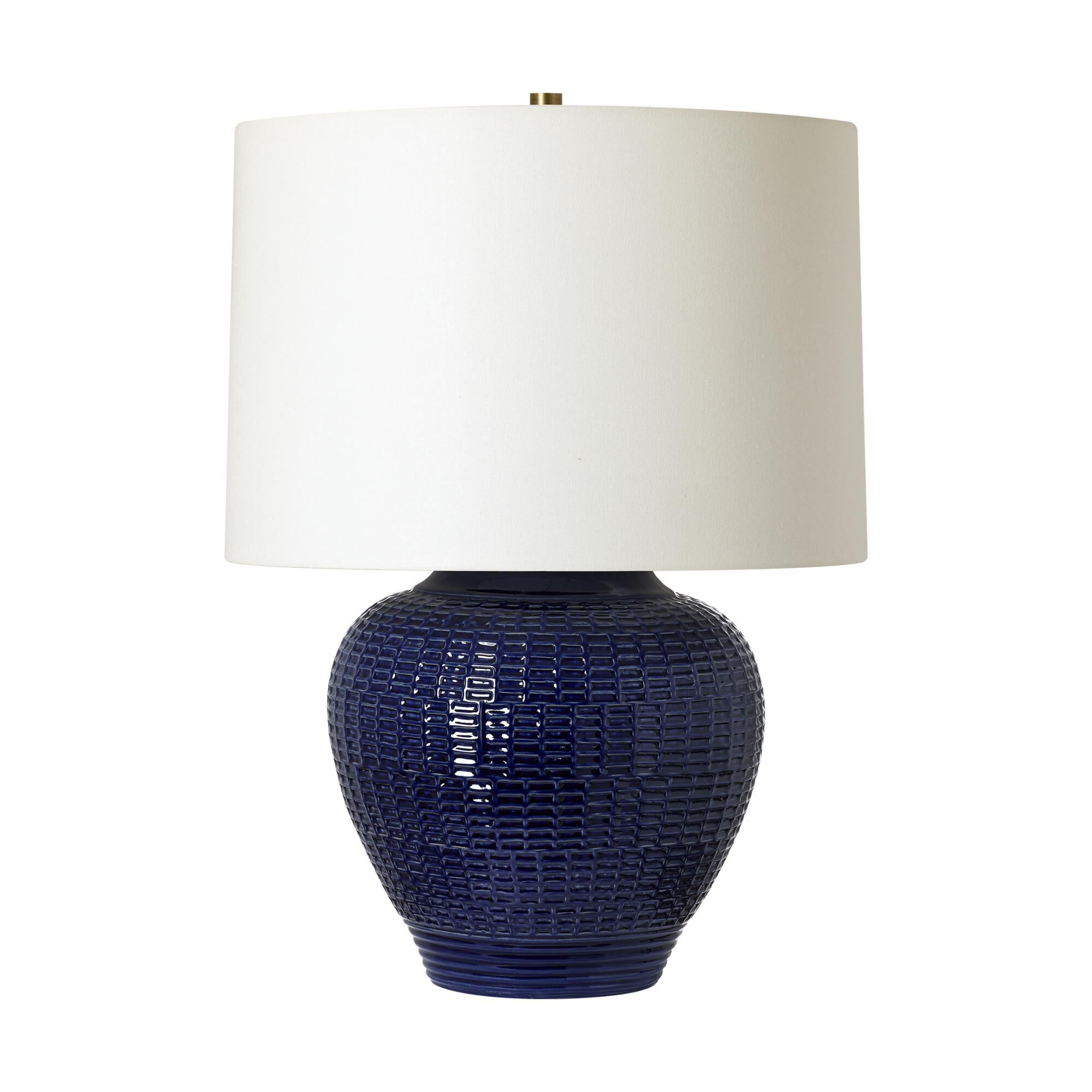 Shown in Crystal Cobalt finish and White Linen shade