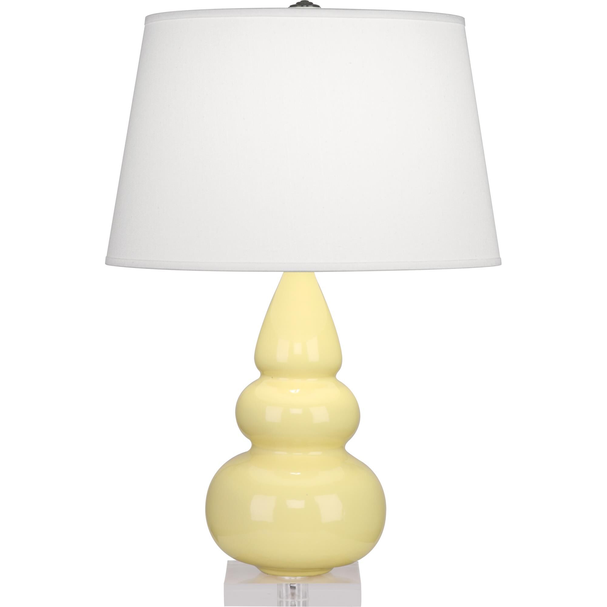 Shown in Butter Glazed Ceramic With Lucite Base finish and Pearl Dupioni Fabric shade