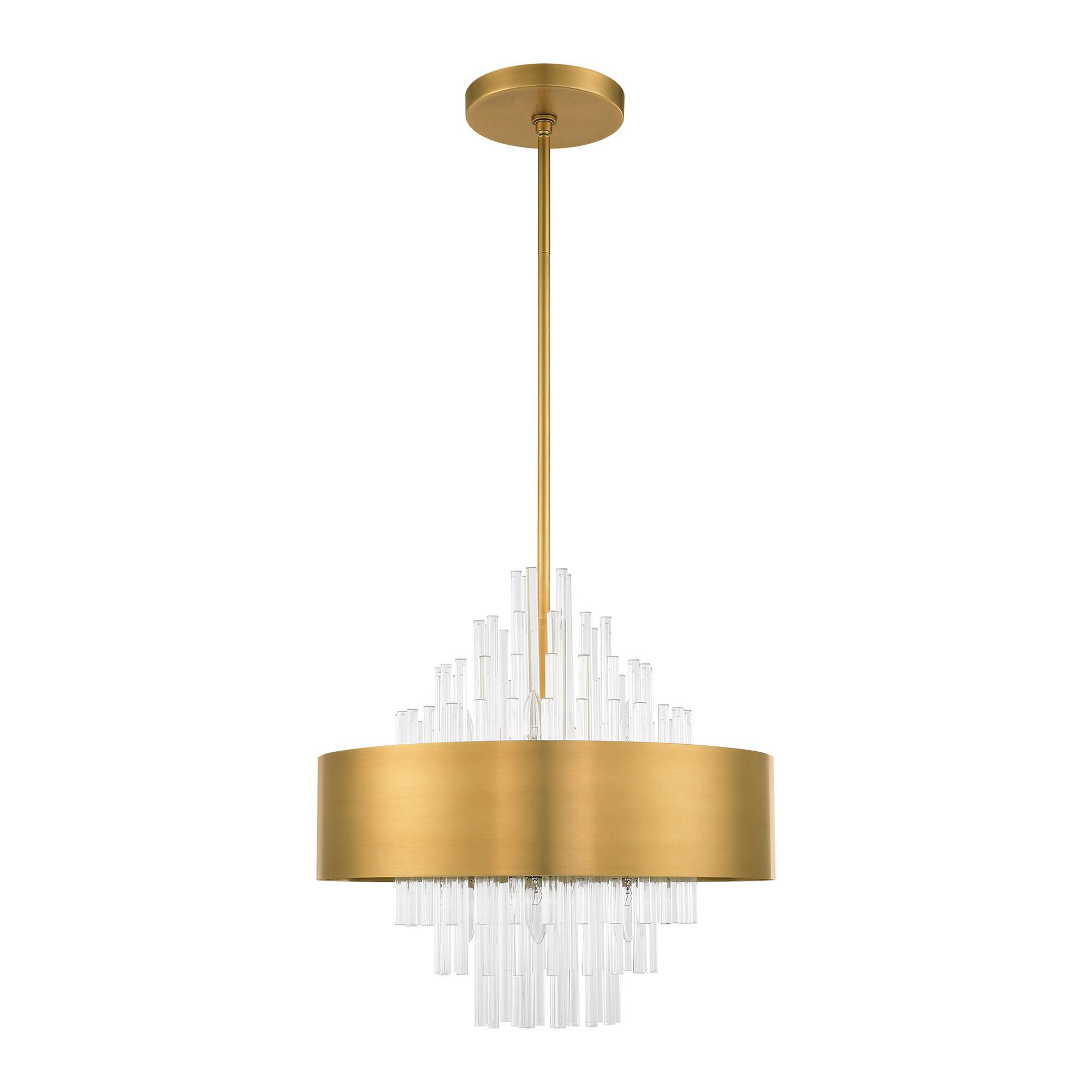 Shown in Natural Brass finish and Natural Brass Drum Shade With Clear Crystal Rods glass and Natural Brass Drum  With Clear Crystal Rods shade