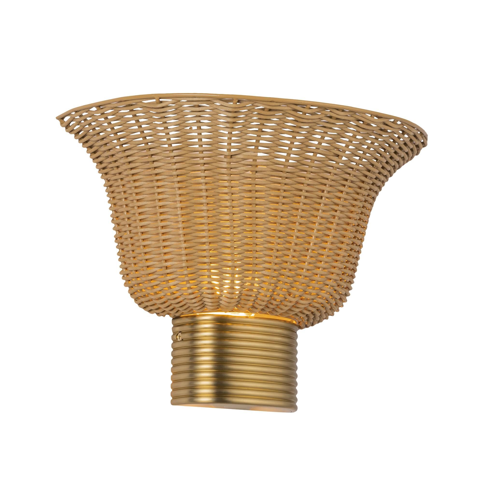 Shown in Brushed Gold finish and Rattan shade