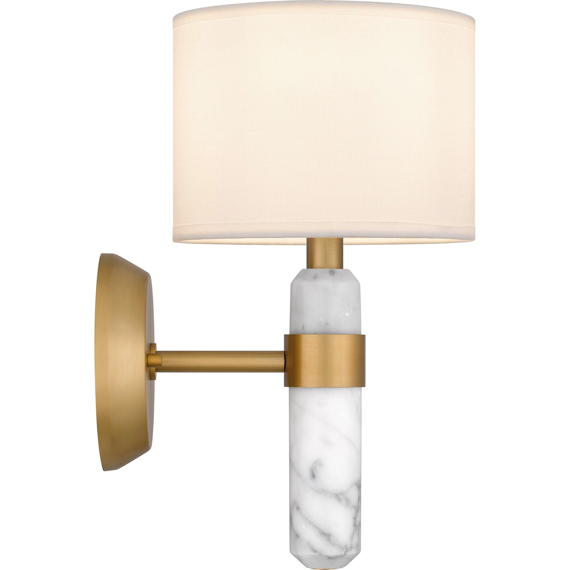 Shown in Brushed Weathered Brass finish and Egg Shell Fabric shade