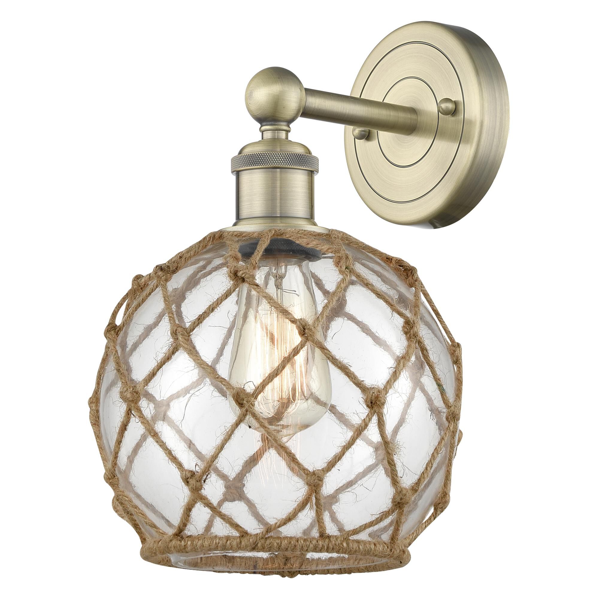 Shown in Antique Brass finish and Clear with Brown Rope glass