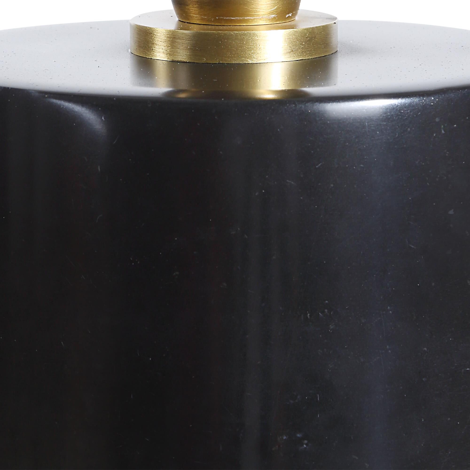 Shown in Black and Brass finish and Round Drum Hardback shade