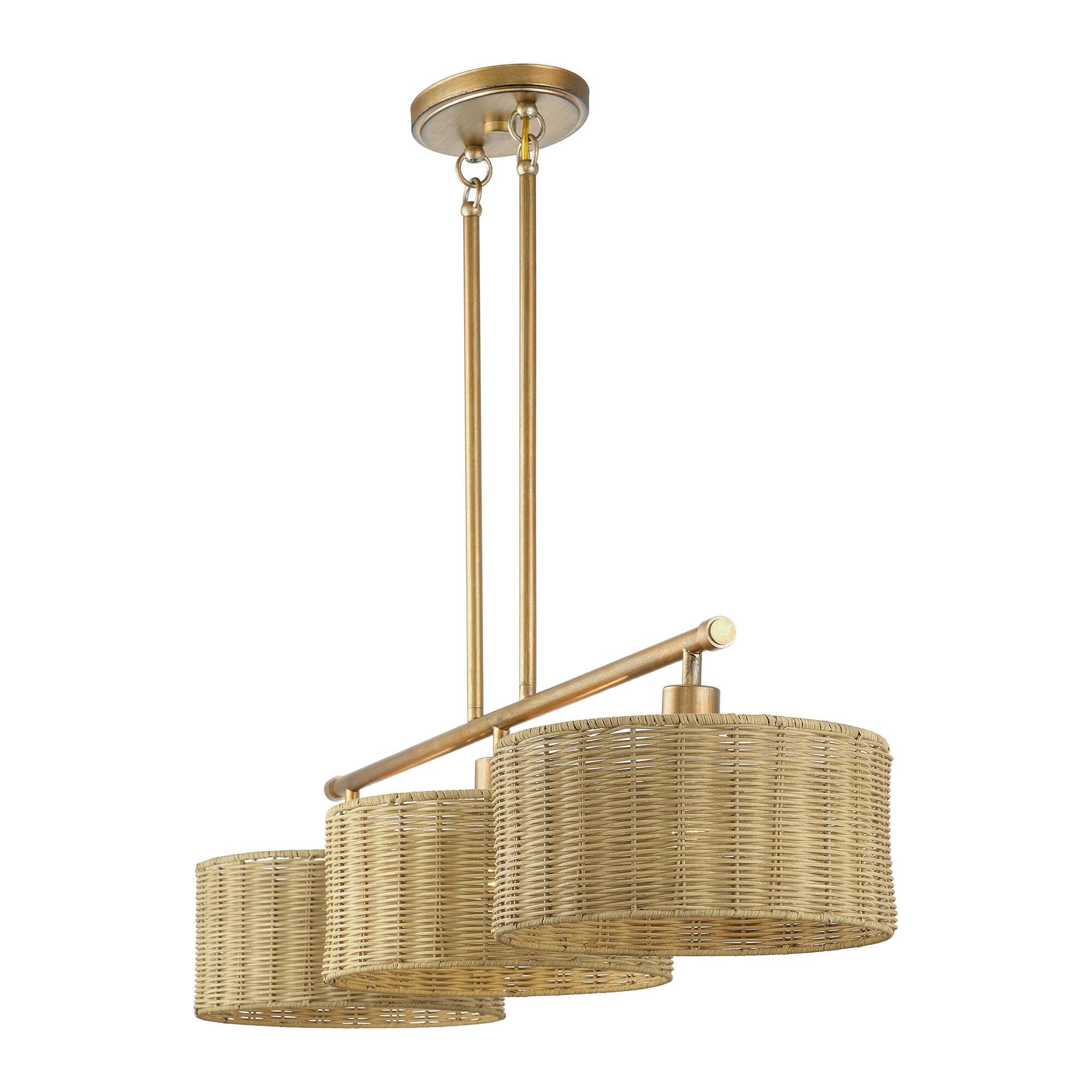 Shown in Antique Gold Leaf finish and Hand-Woven Rustic Walnut Color Rattan shade