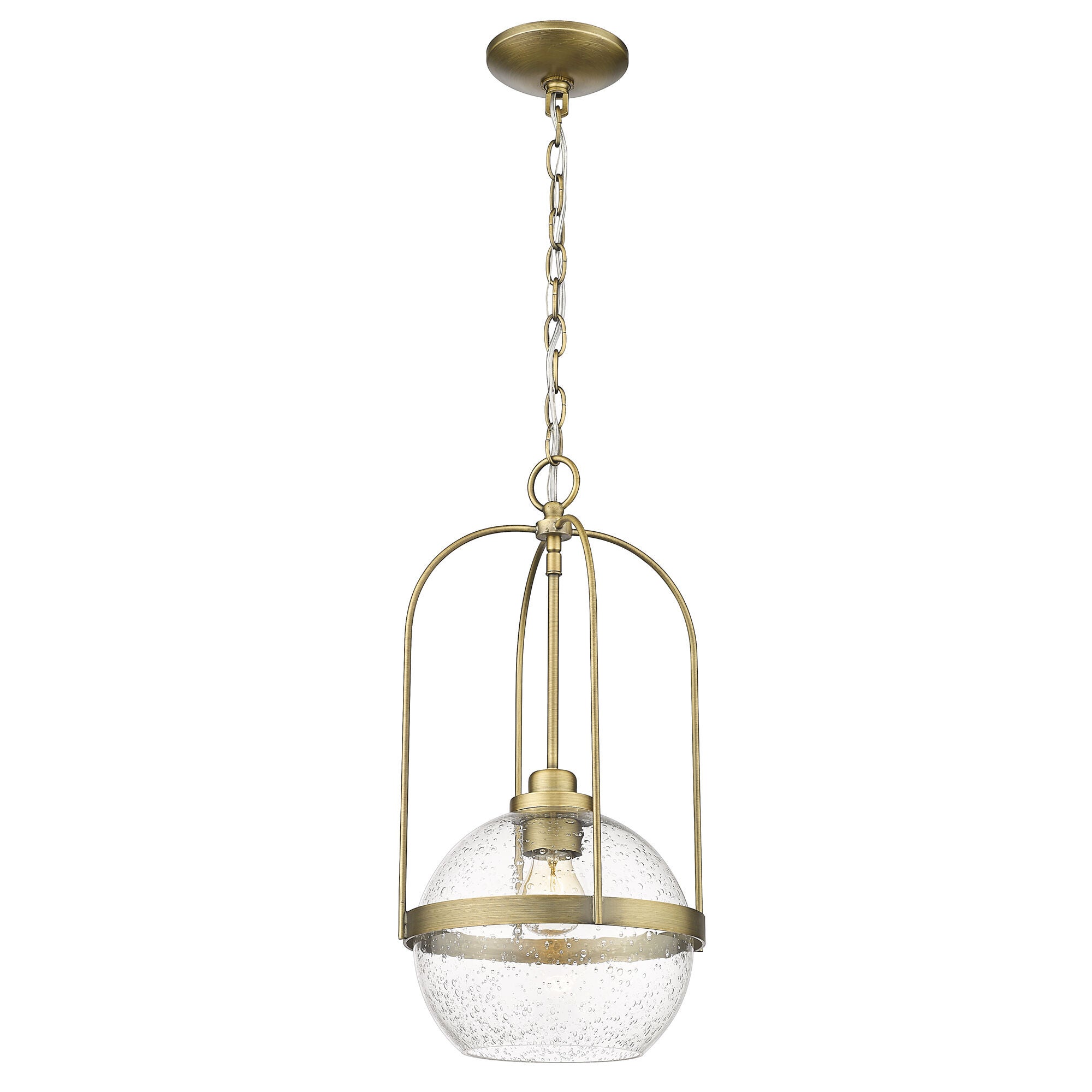 Shown in Antique Brass finish and Clear Seeded glass