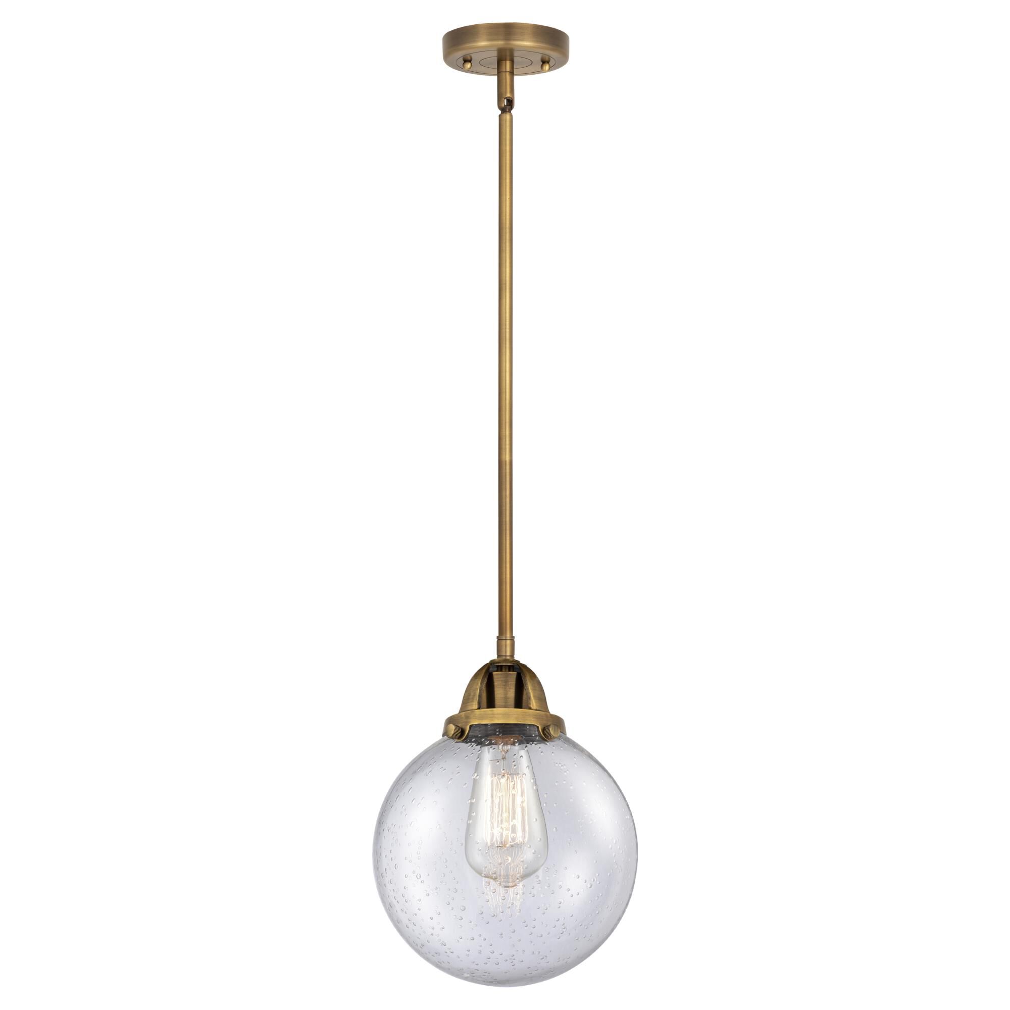 Shown in Brushed Brass finish and Seedy Globe glass and No Shade shade
