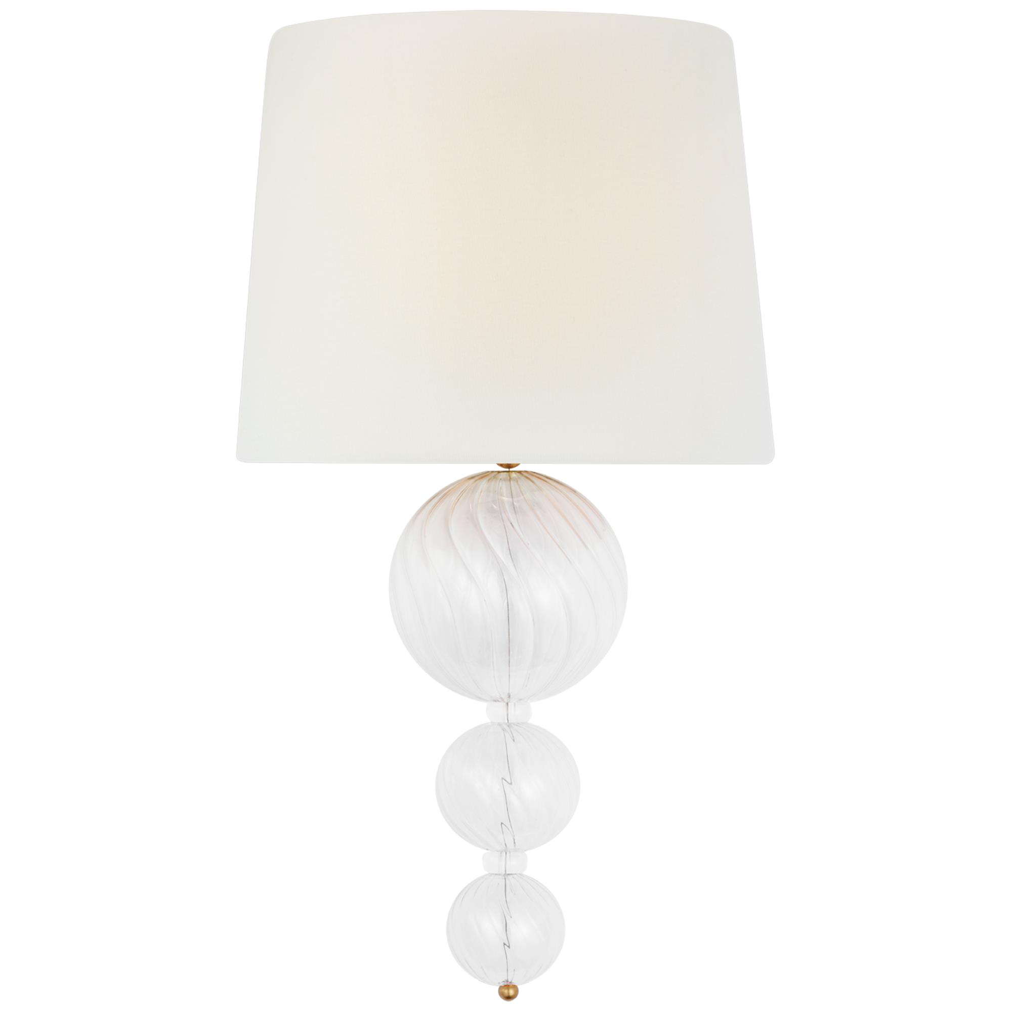 Shown in Gild and Clear Swirled Glass finish and Linen shade