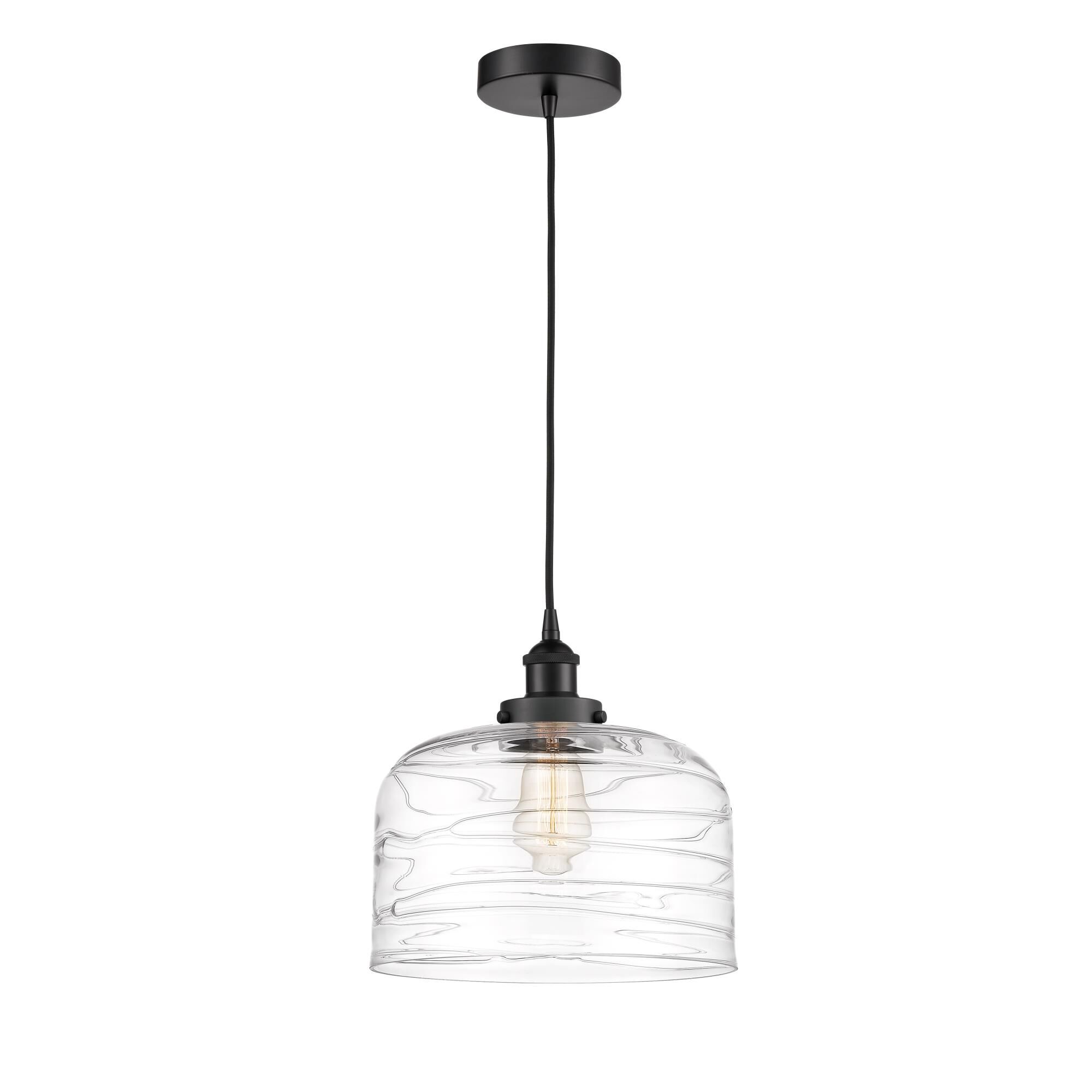 Shown in Matte Black finish and Deco Swirl glass