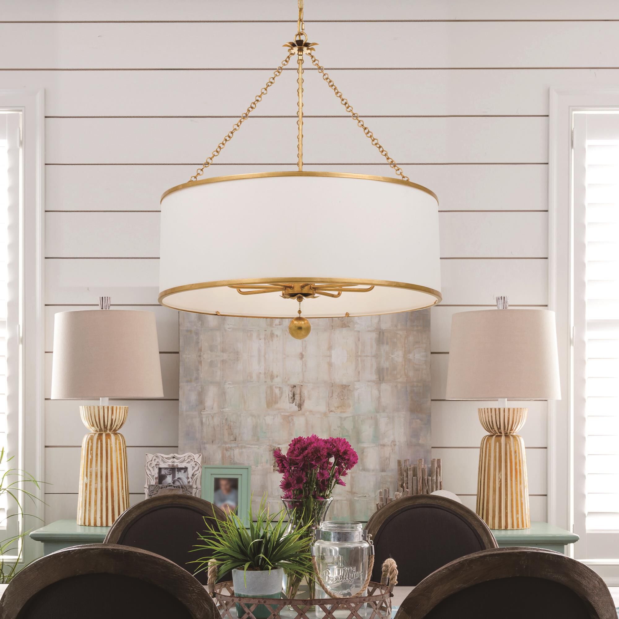 Shown in Antique Gold finish and White Linen glass and White Linen shade