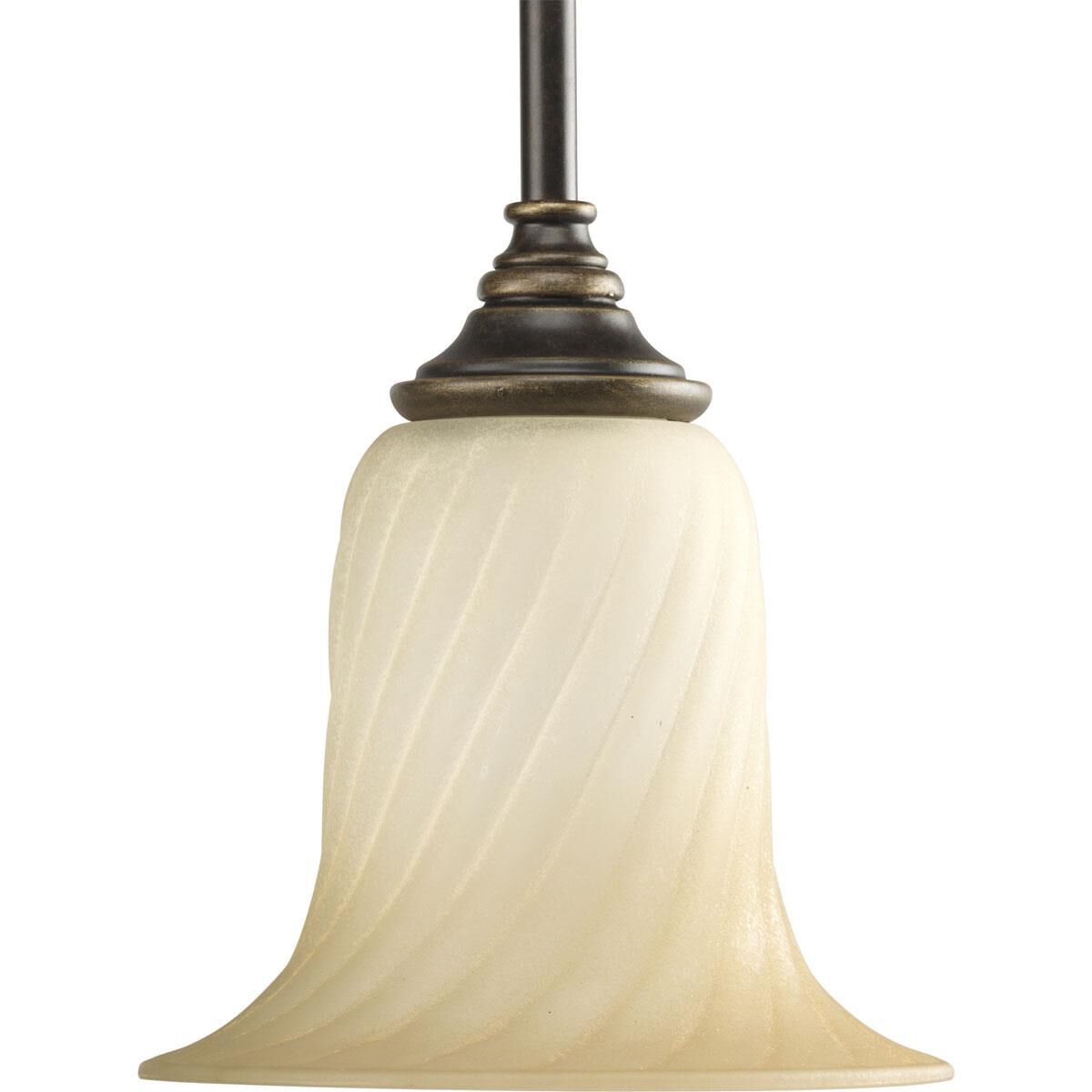 Shown in Forged Bronze finish and Frosted Caramel Swirl glass 