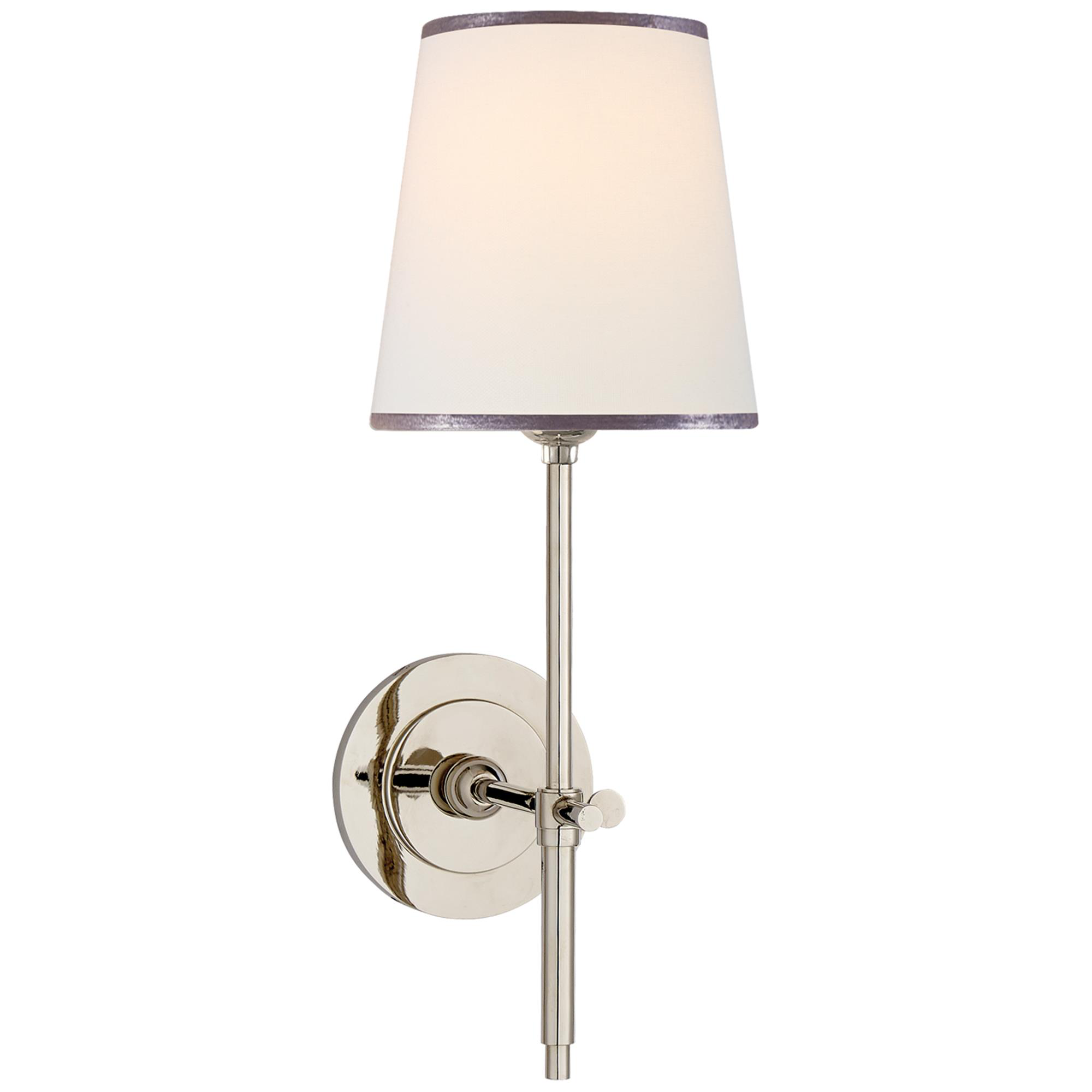 Shown in Polished Nickel finish and Linen with Black Trim shade
