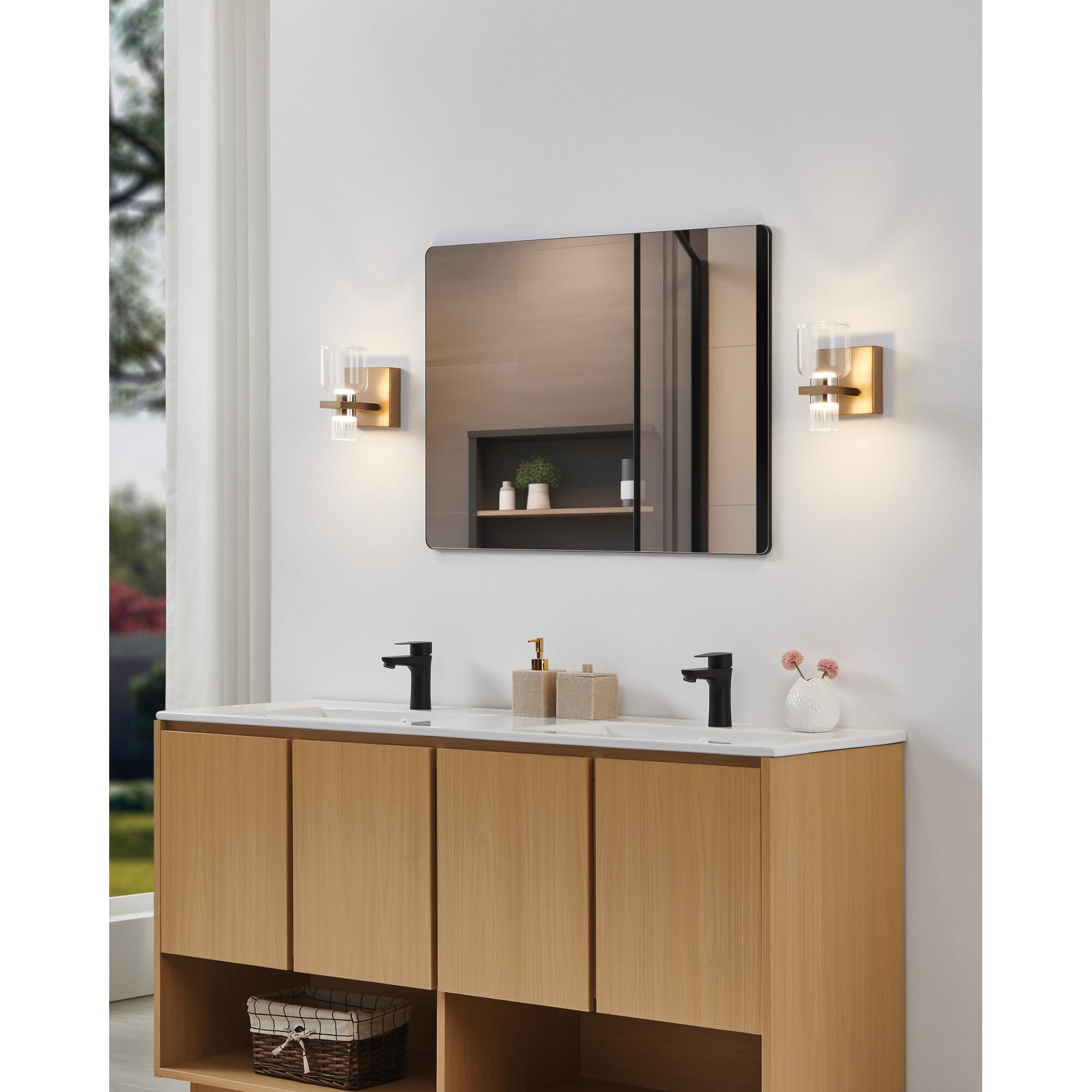 Shown in Champagne Gold finish and Clear, Clear Ribbed glass