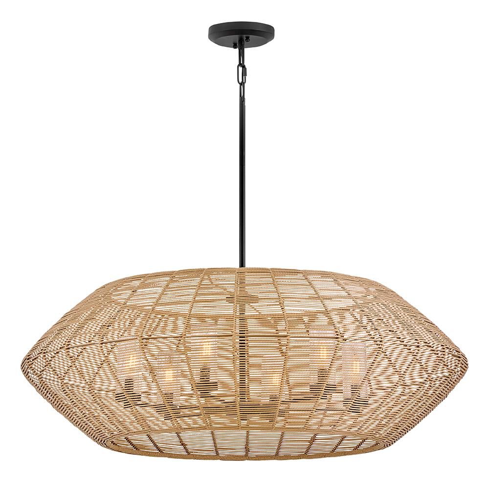 Shown in Black finish and Natural All Weather Rattan with Clear Seedy Glass shade