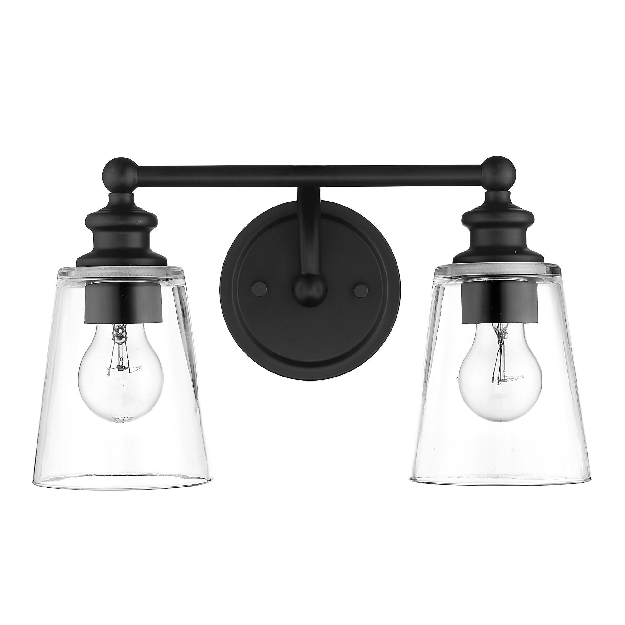 Shown in Matte Black finish and Clear glass and Clear, Cone Shaped Glass shade