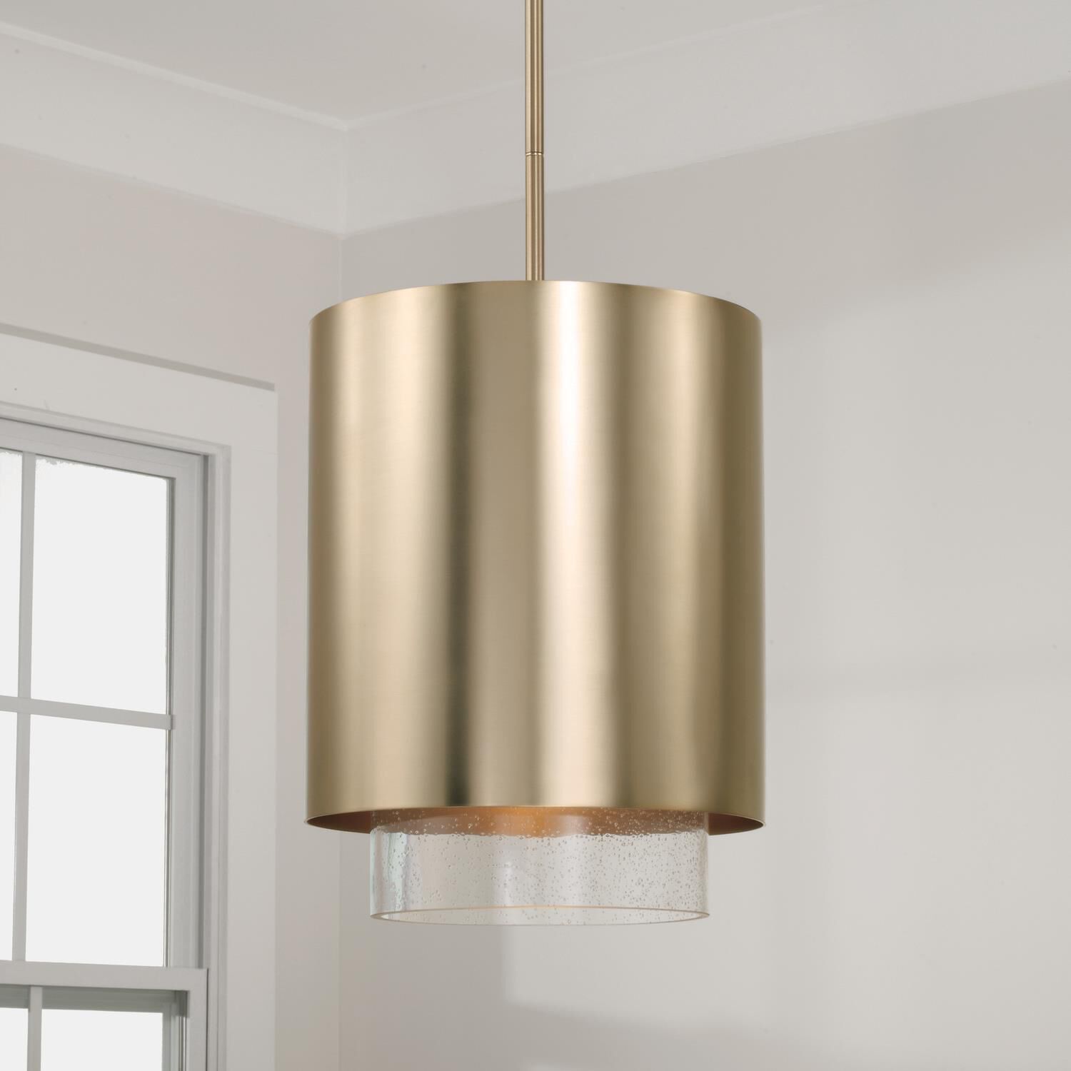 Shown in Matte Brass finish and Clear Seeded glass and Metal shade