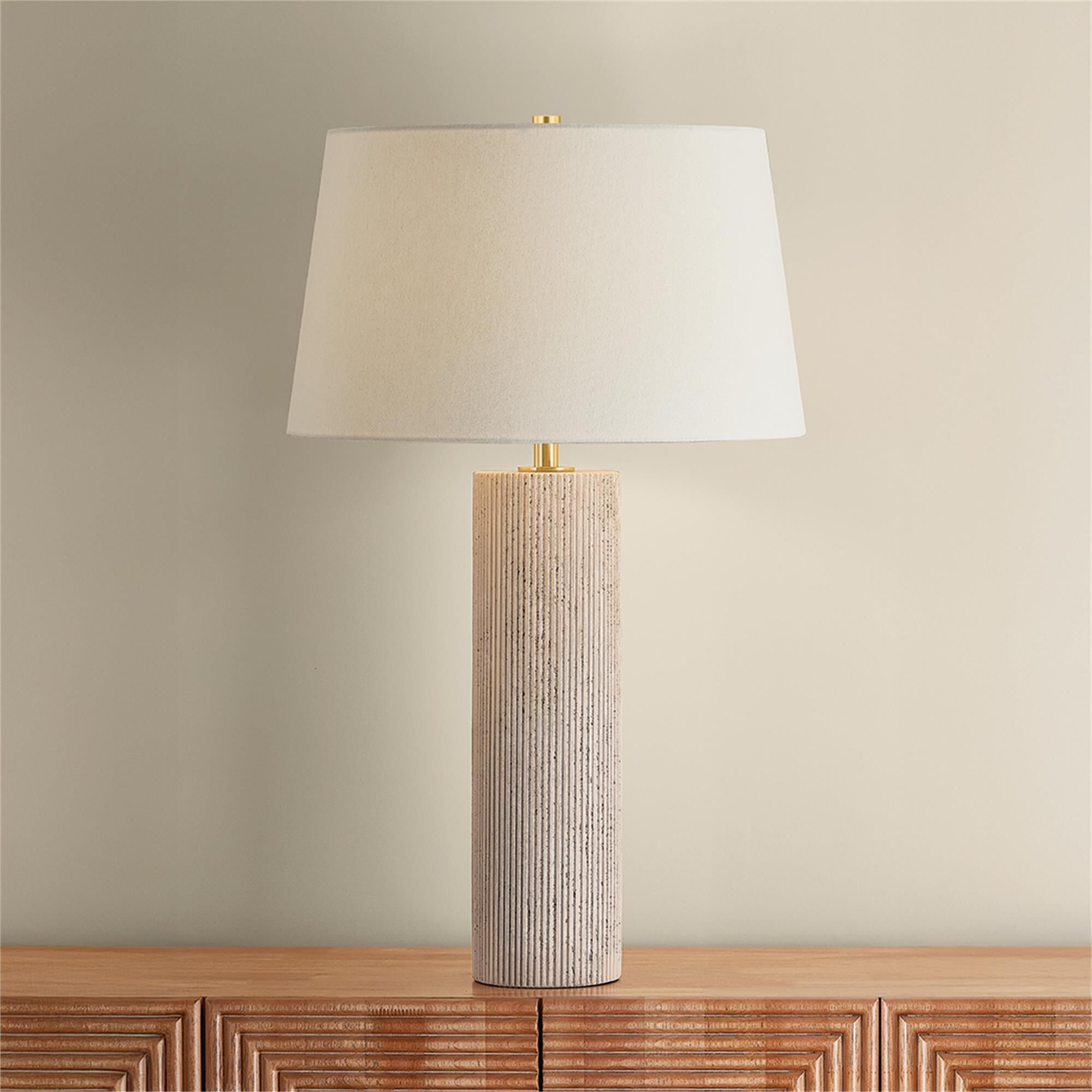 Shown in Aged Brass finish and Off White Linen shade