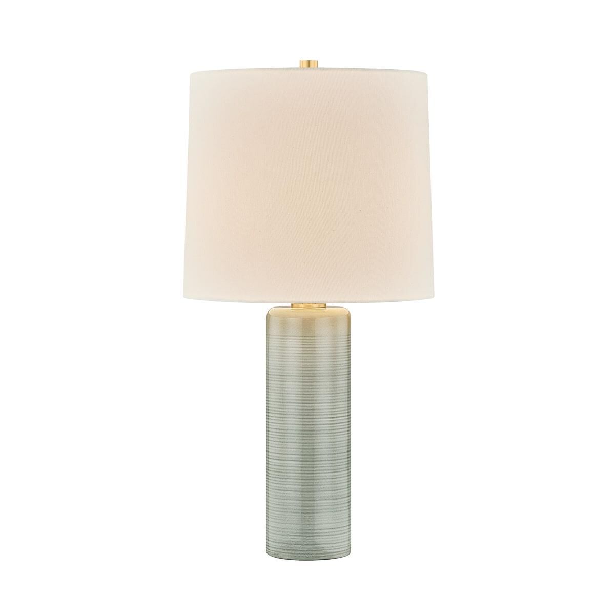 Shown in Aged Brass and Ceramic Silver Lake finish and Off White Linen shade