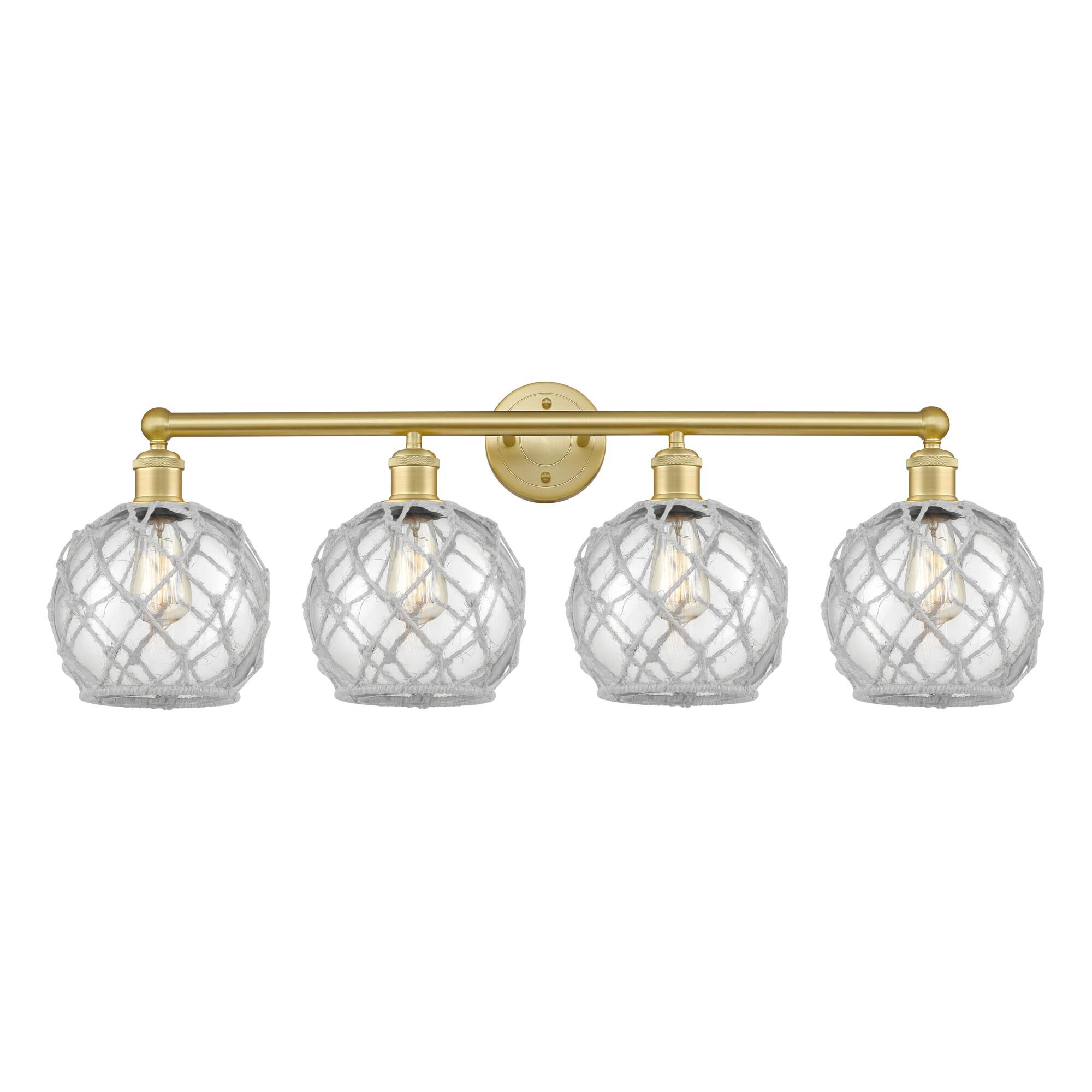 Shown in Satin Gold finish and Clear with White Rope glass