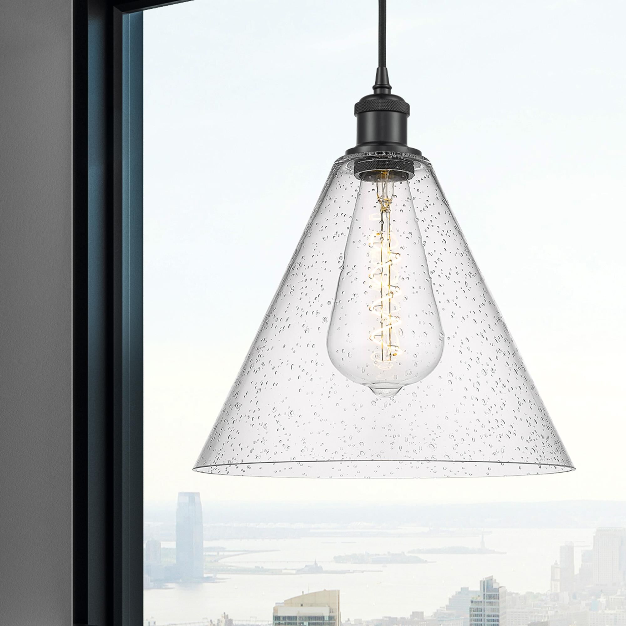 Shown in Matte Black finish and Seedy Ballston Cone glass and No Shade shade