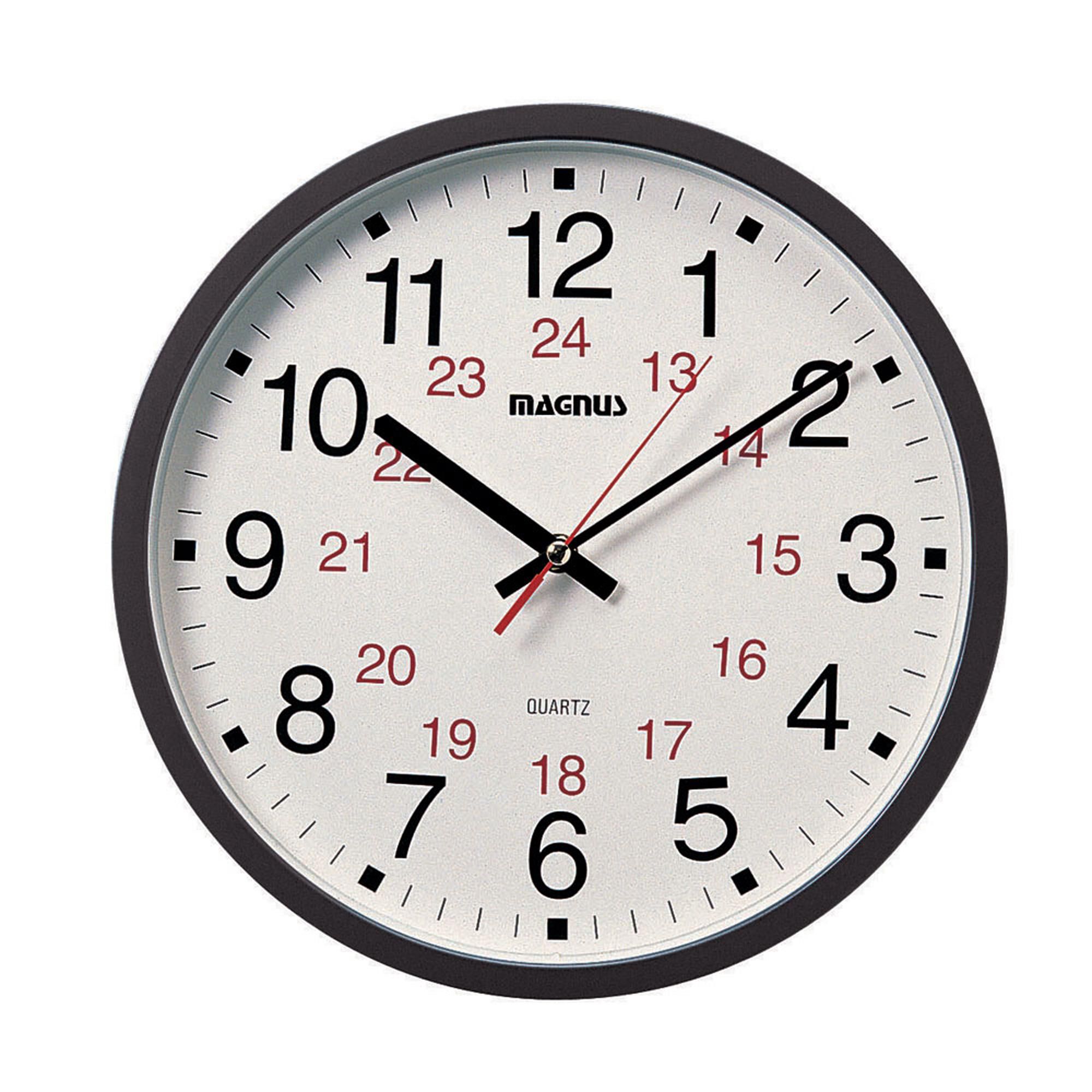 12/24 Hour Clock, Black, Sweep Style Second Hand, Glass Face Wall Clock by Dainolite