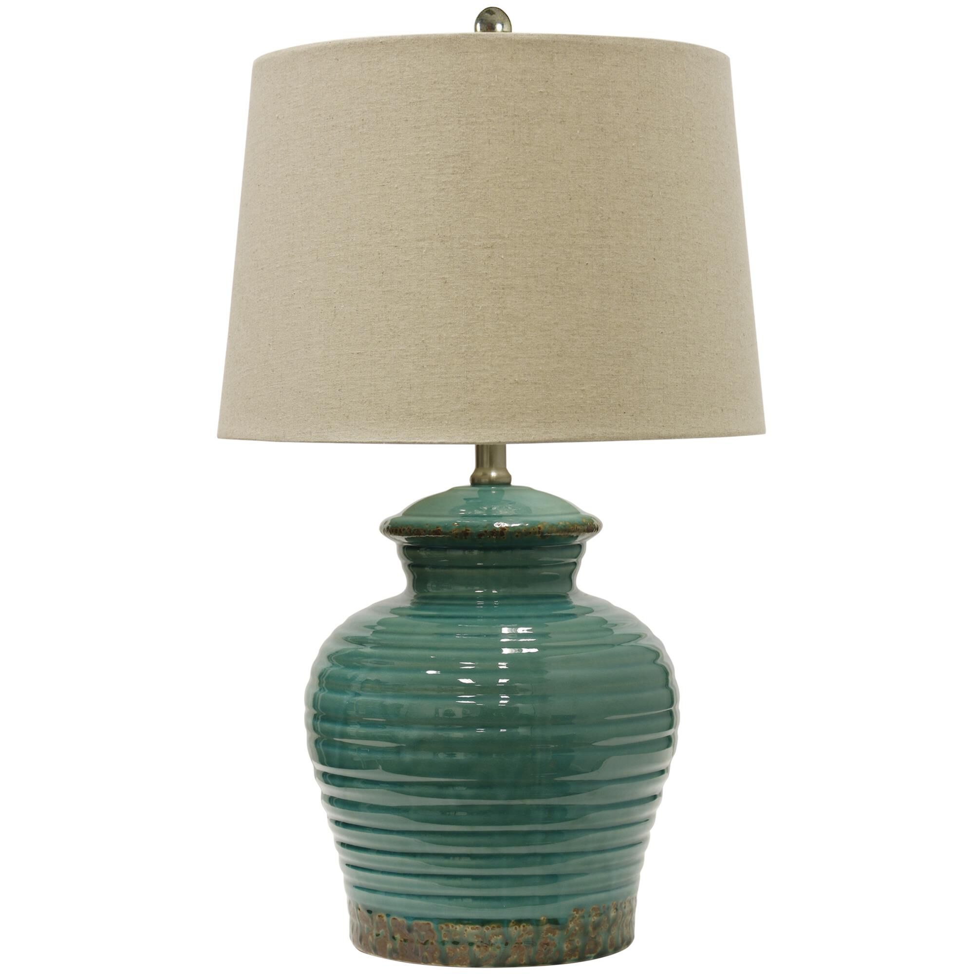 Shown in Turquoise finish and Beige Hardback Linen shade