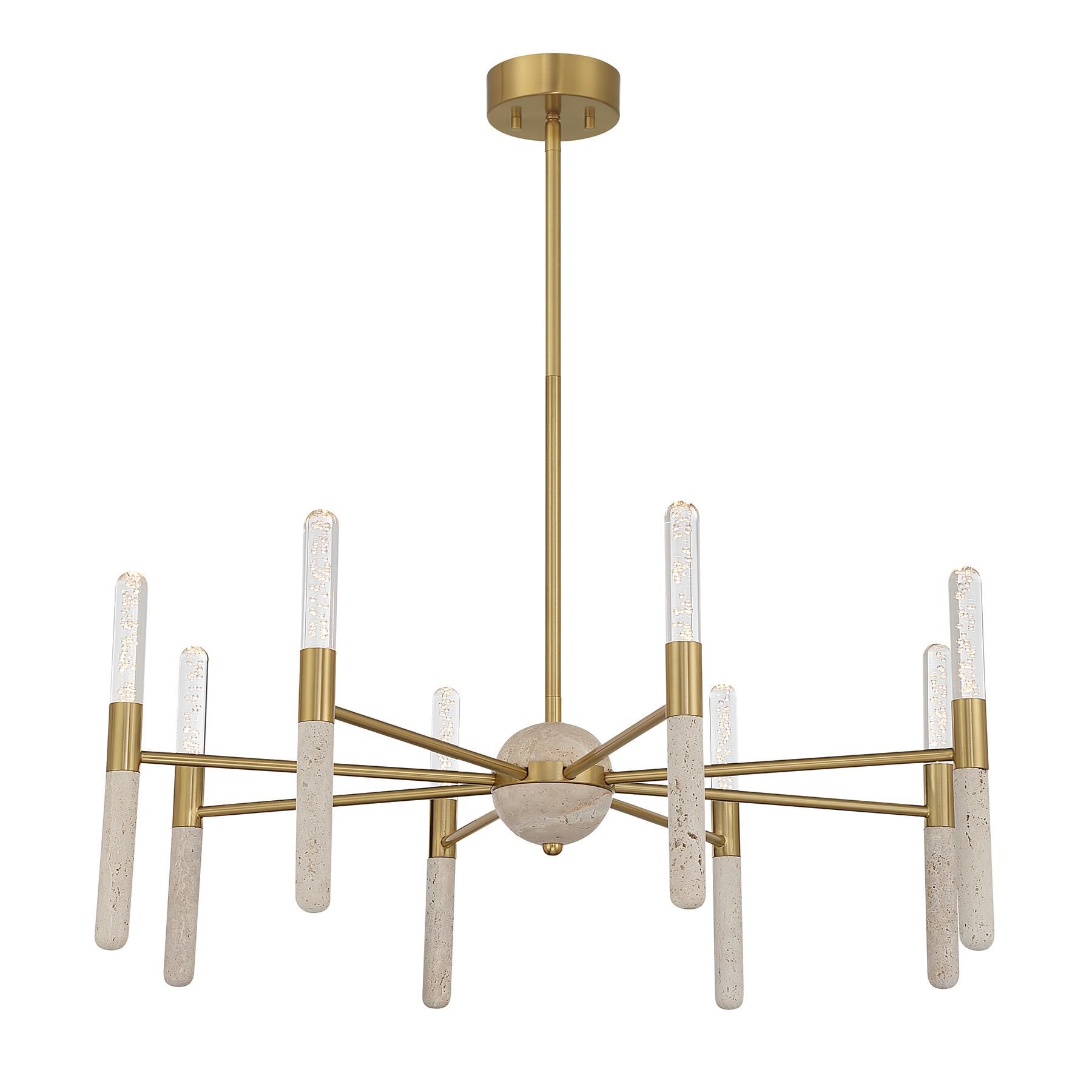 Shown in Warm Brass finish and Clear Seeded glass and Beige Travertine accent