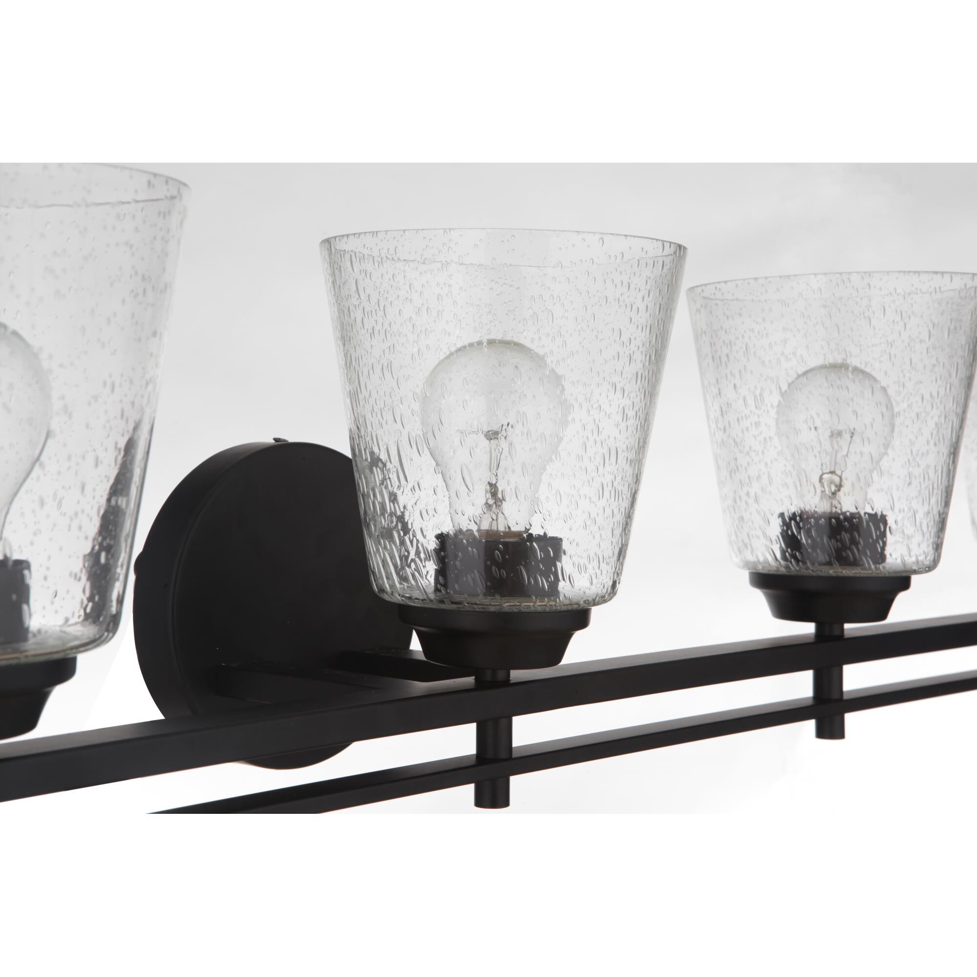 Shown in Flat Black finish and Clear Seeded glass and Glass shade
