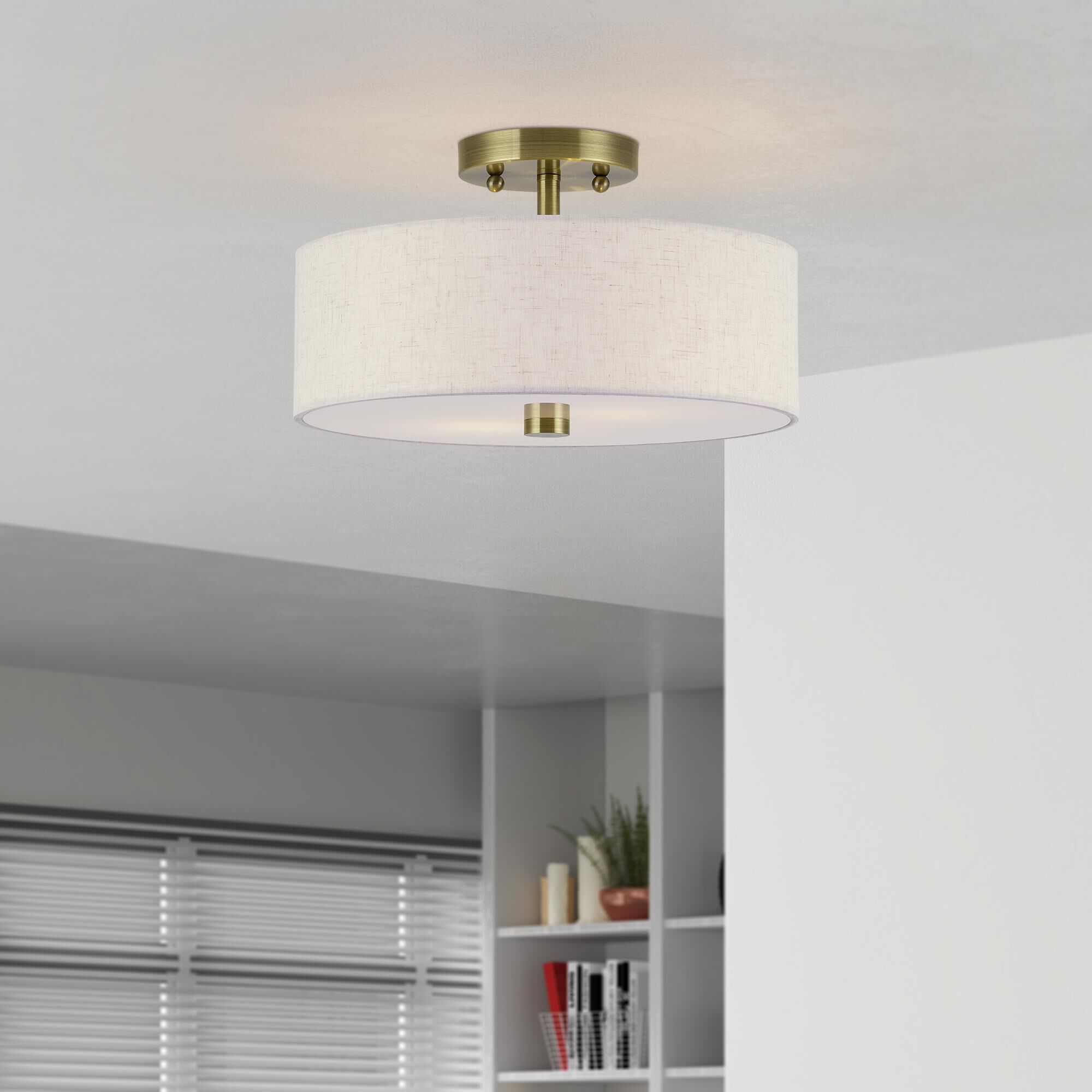 Shown in Antique Brass finish and Hand Crafted Oatmeal Color Fabric with White Color Inside shade