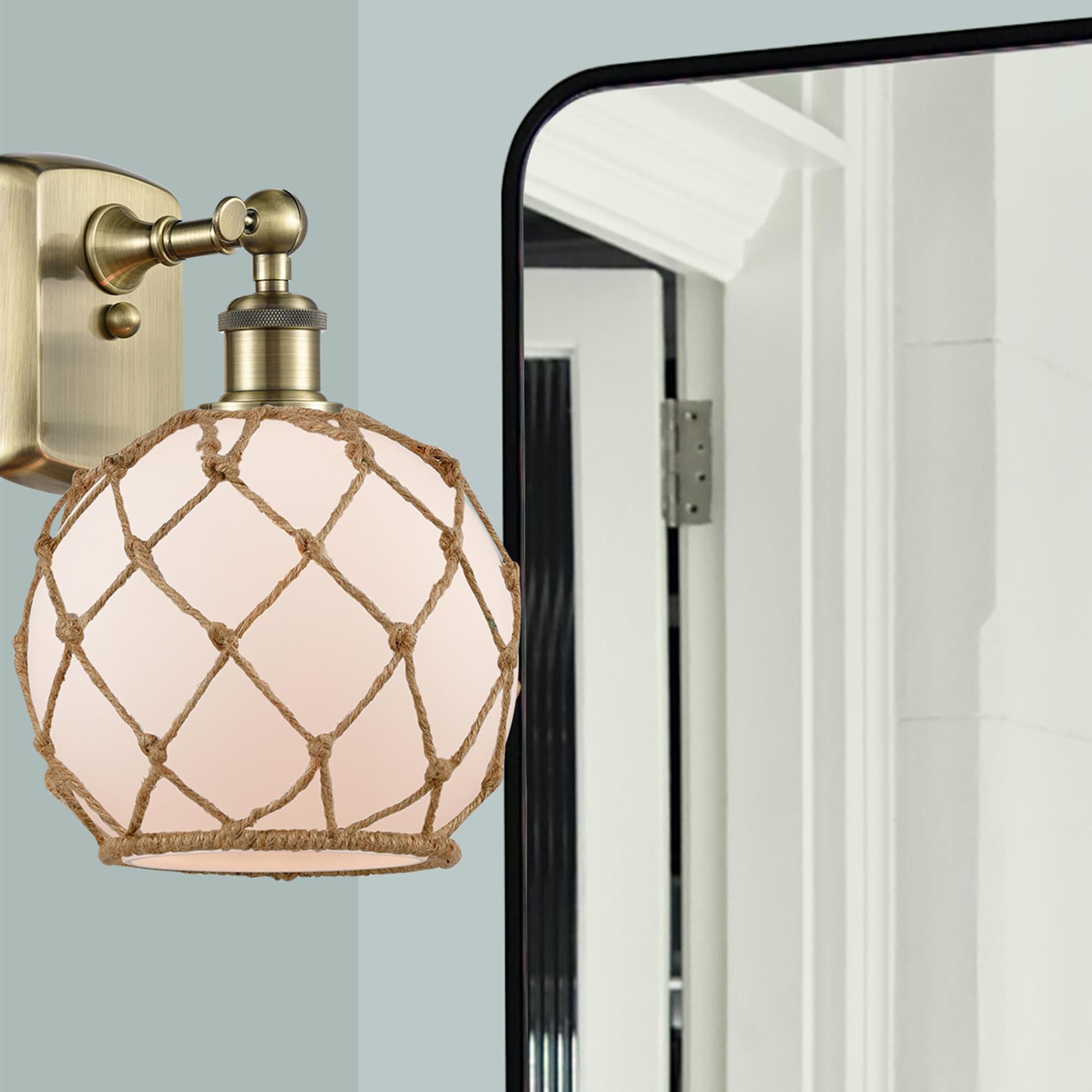 Shown in Antique Brass finish and White Farmhouse with Brown Rope glass and None shade