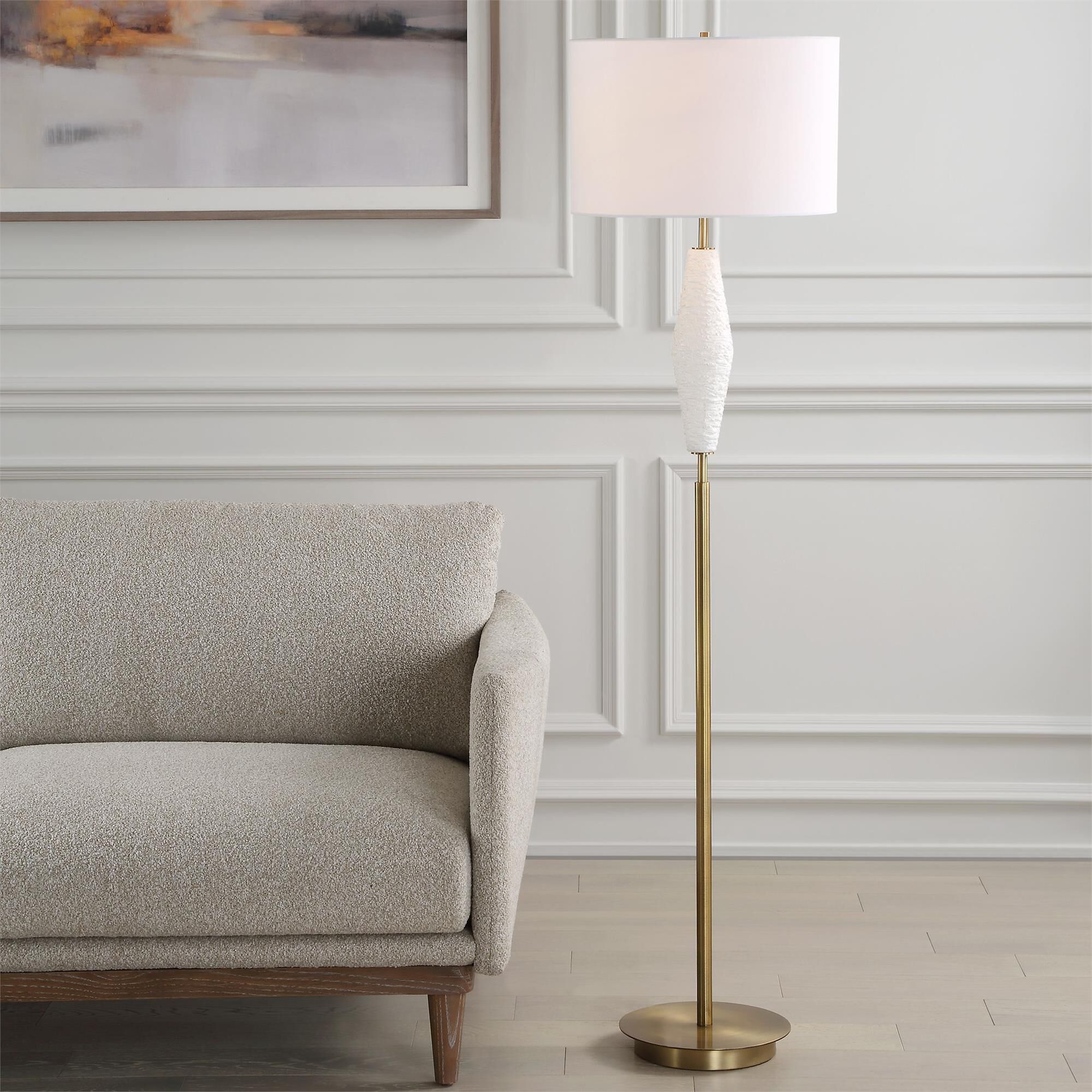 Shown in This Floor Lamp Features Heavily Textured White Ceramic That Exudes A Sense Of Artistic Allure, Whil finish and Round Drum Hardback shade