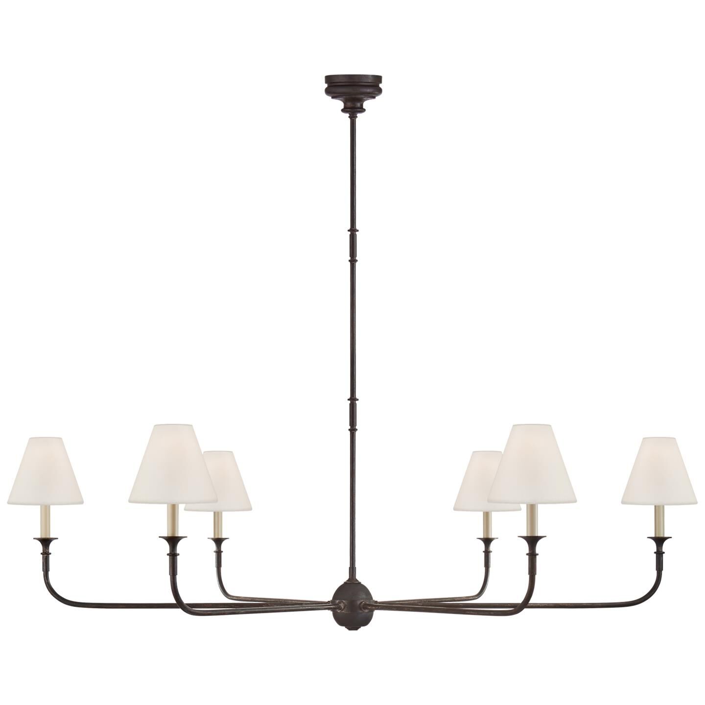 Shown in Aged Iron and Ebonized Oak finish and Linen shade