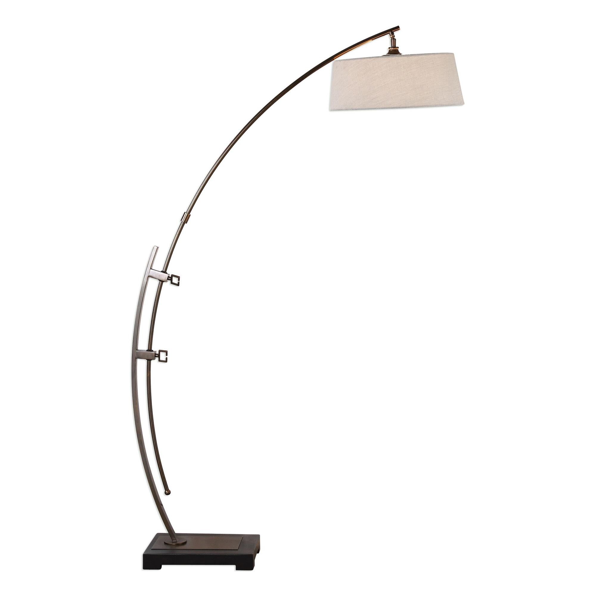 Shown in This Floor Lamp Features An Adjustable, Large Steel Arc, Finished In A Plated, Dark Oxidized Bronze, finish and Tapered Round Hardback shade