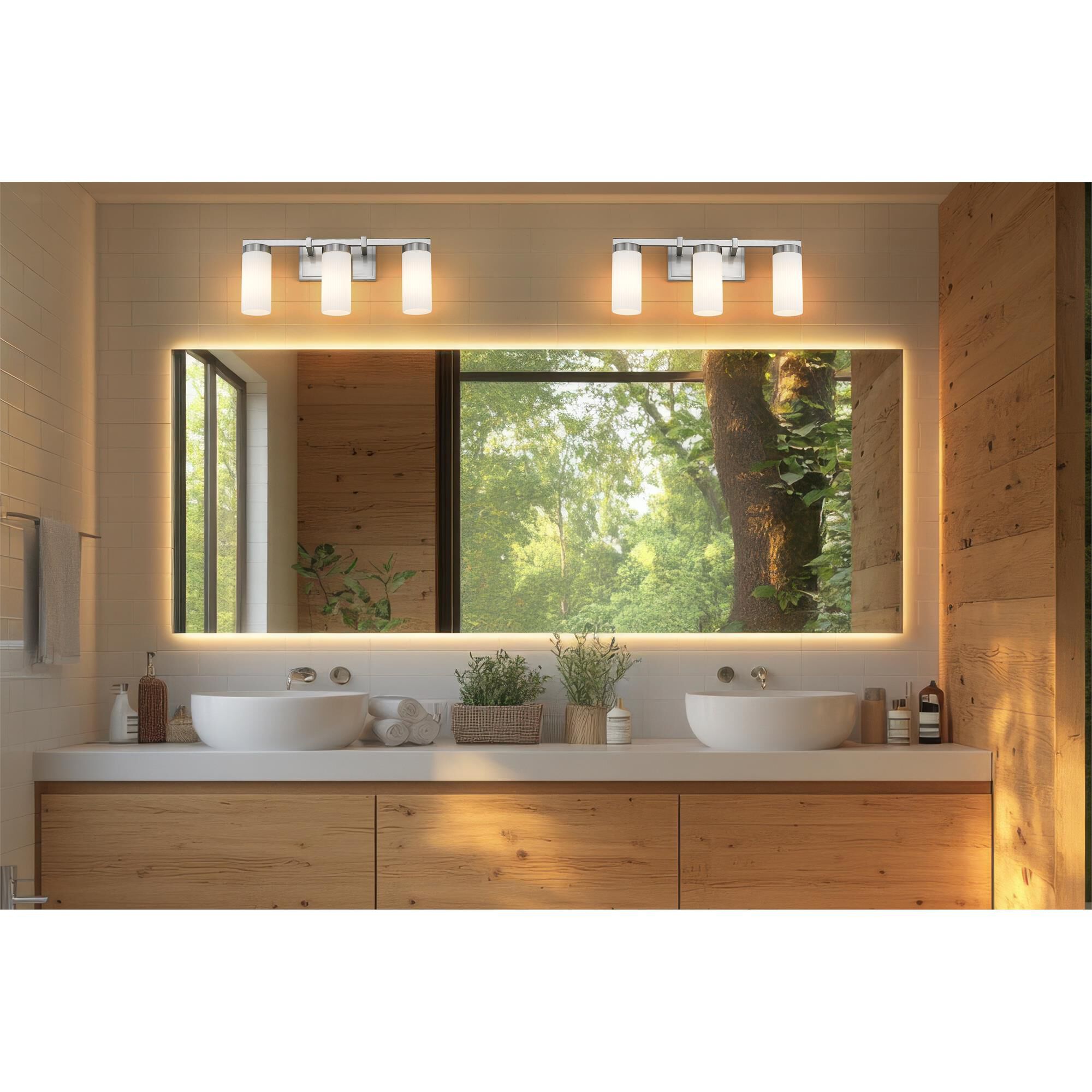 Shown in Brushed Nickel finish and White glass and White shade