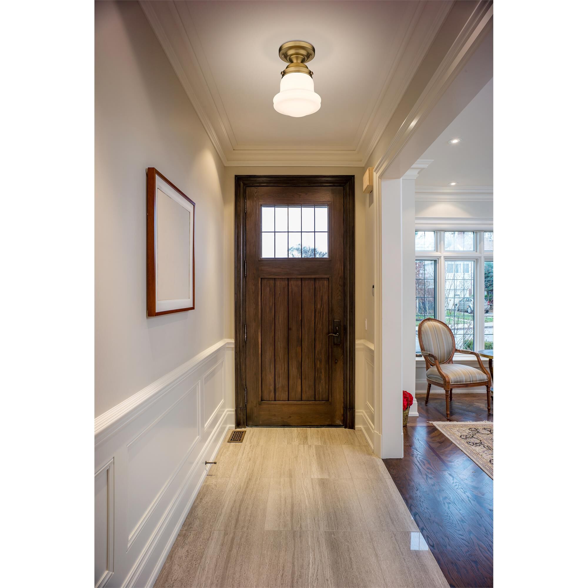 Shown in Heritage Brass finish and Matte Opal glass and Matte Opal shade