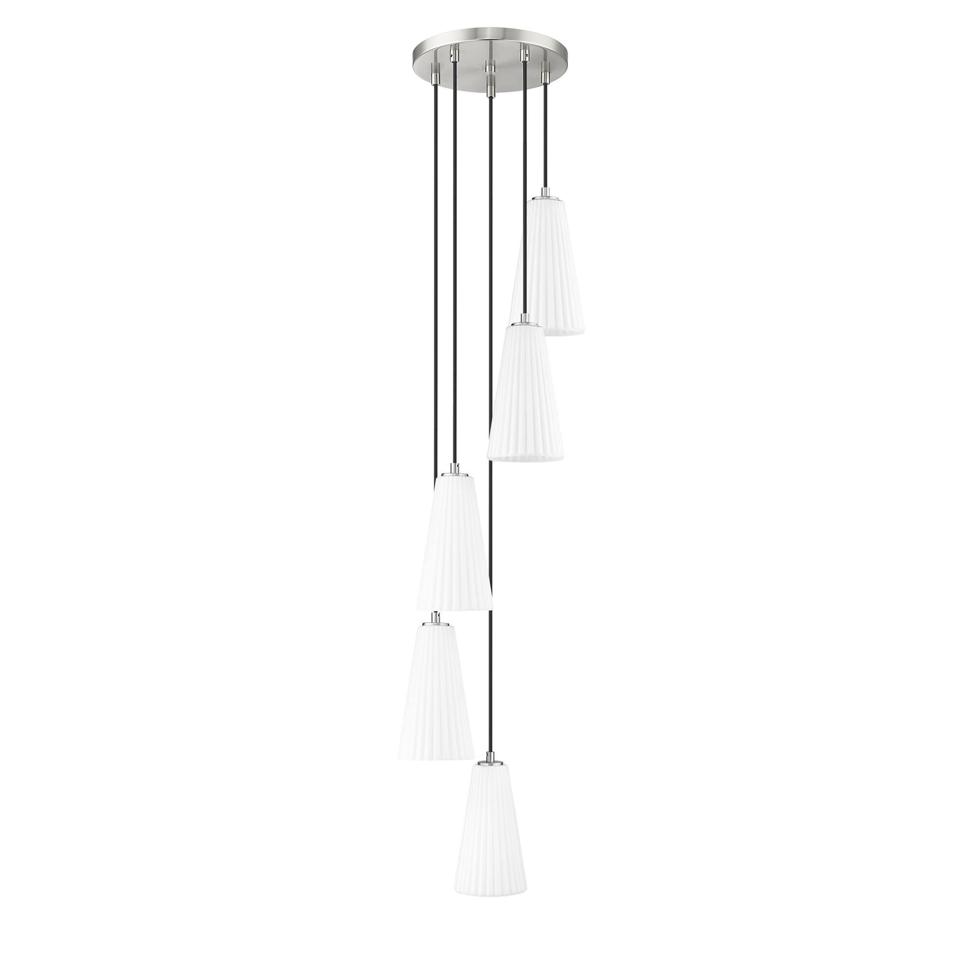 Shown in Brushed Nickel finish and White glass and White shade