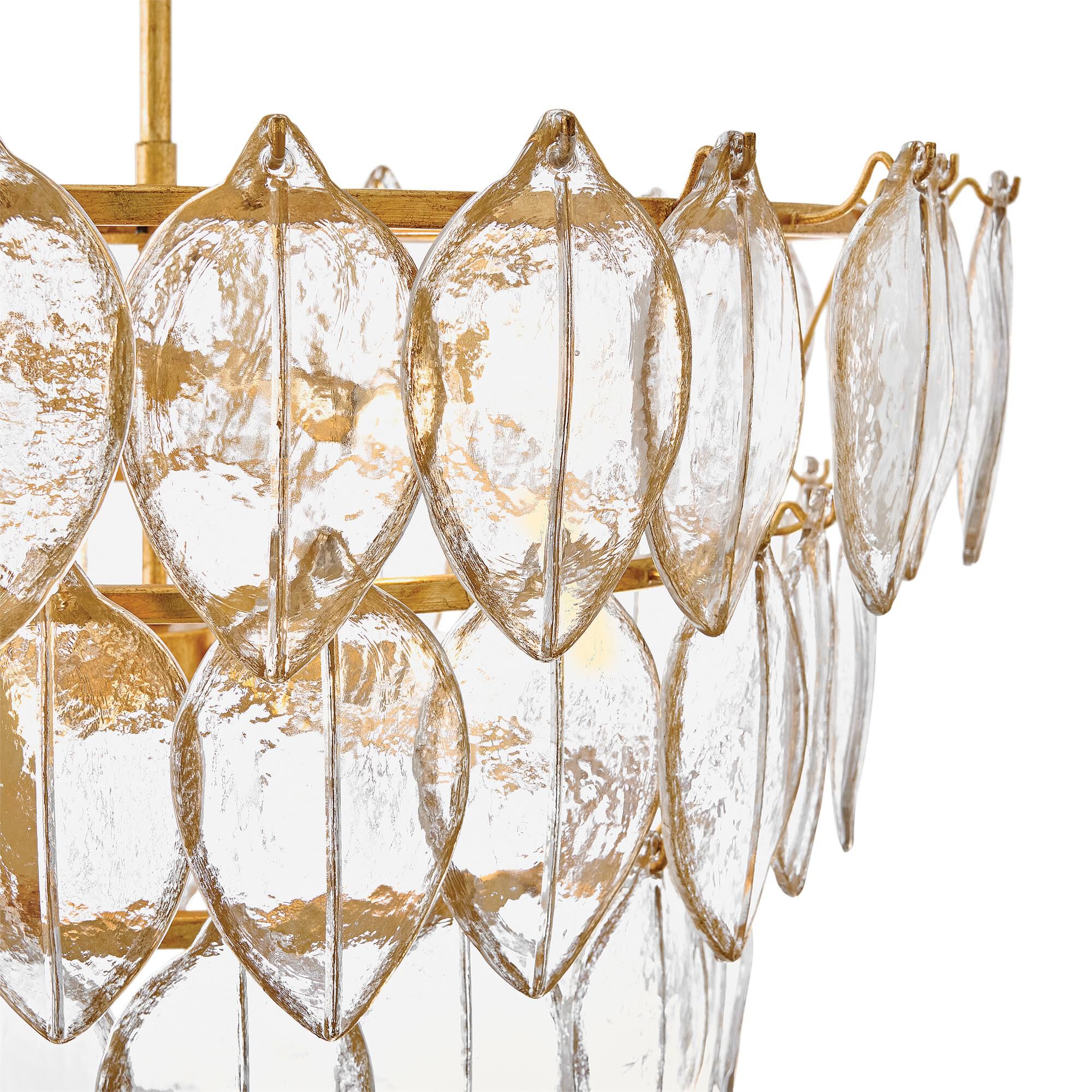 Shown in Distressed Brass finish and Clear Pressed glass