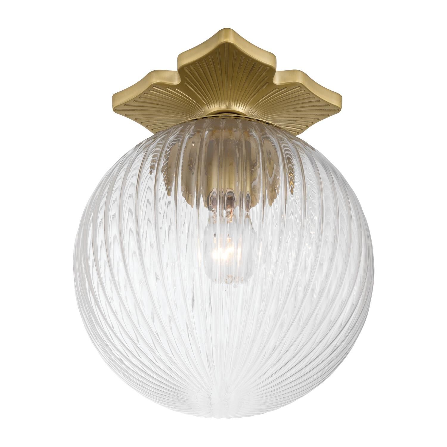 Shown in Aged Brass finish and Ribbed glass and Ribbed Glass shade