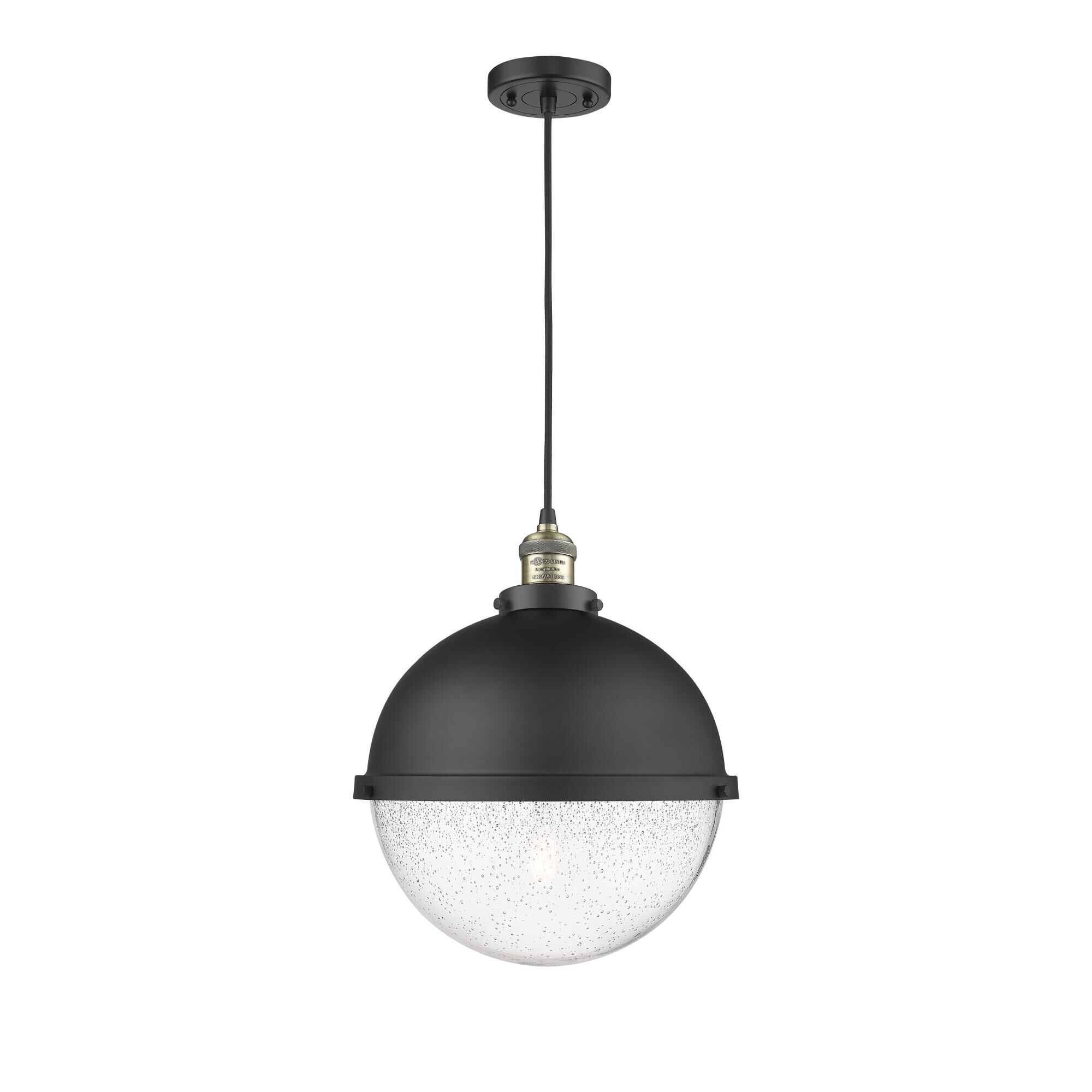 Shown in Black Antique Brass finish and Seedy glass