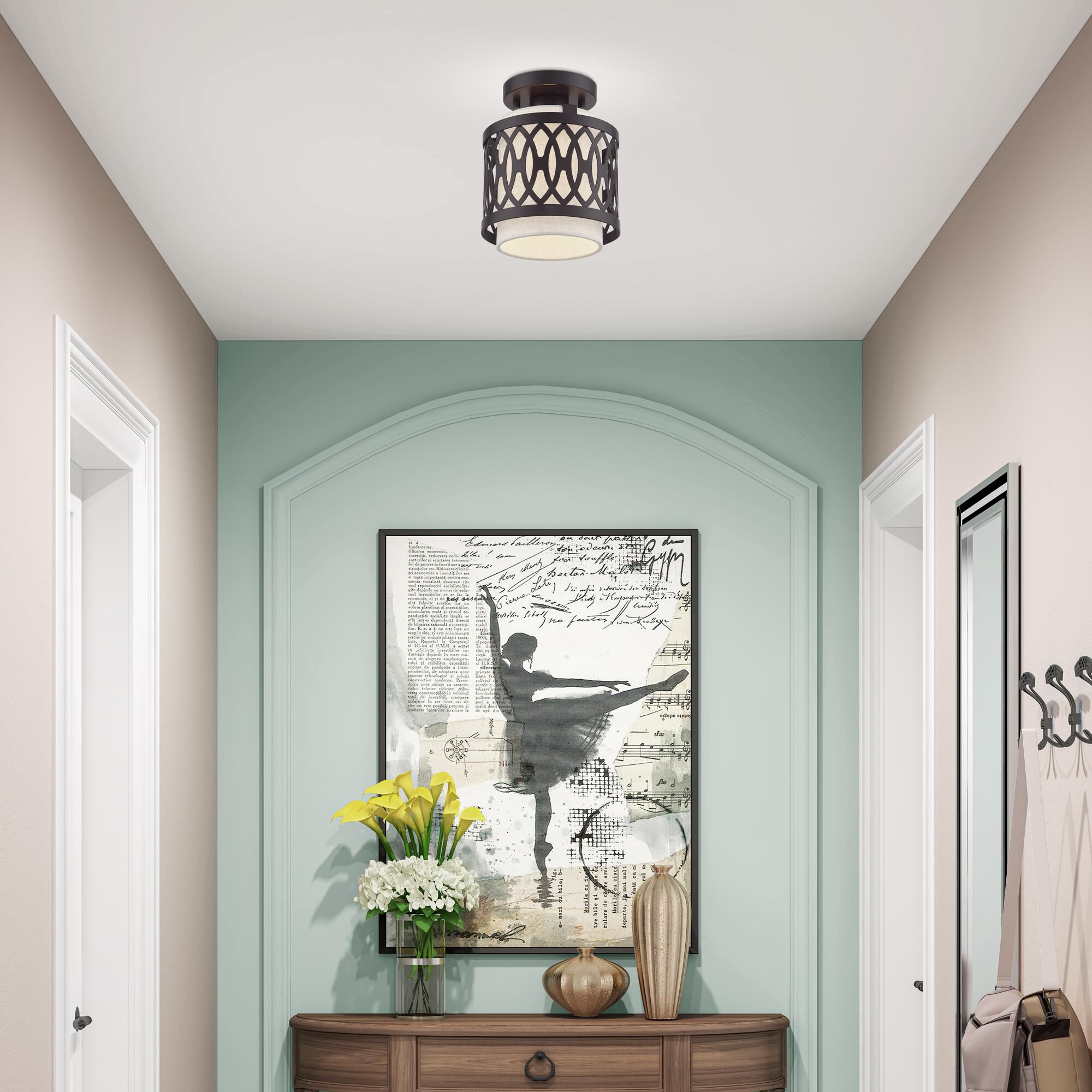 Shown in English Bronze finish and Hand Crafted Oatmeal Color Hardback shade