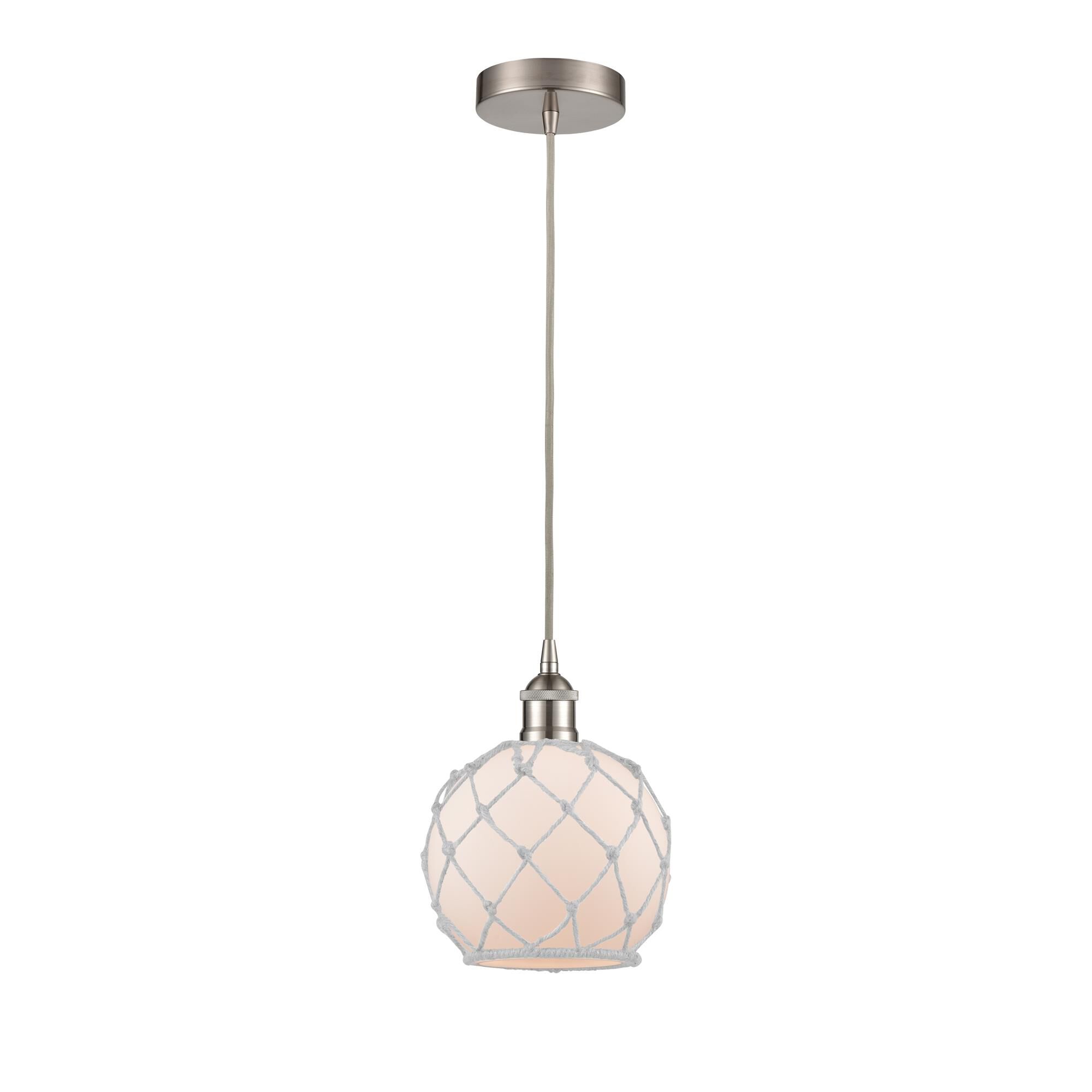 Shown in Brushed Satin Nickel finish and White Farmhouse With White Rope glass