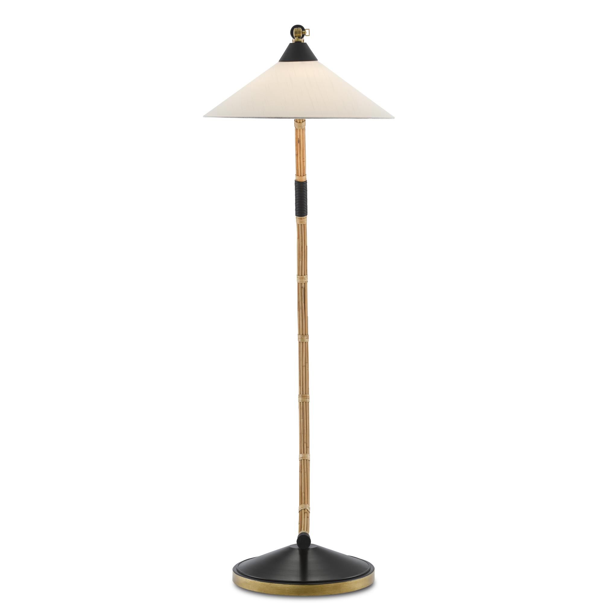 Shown in Natural/Rattan/New Brass/Satin Black finish and Off-White Shantung shade