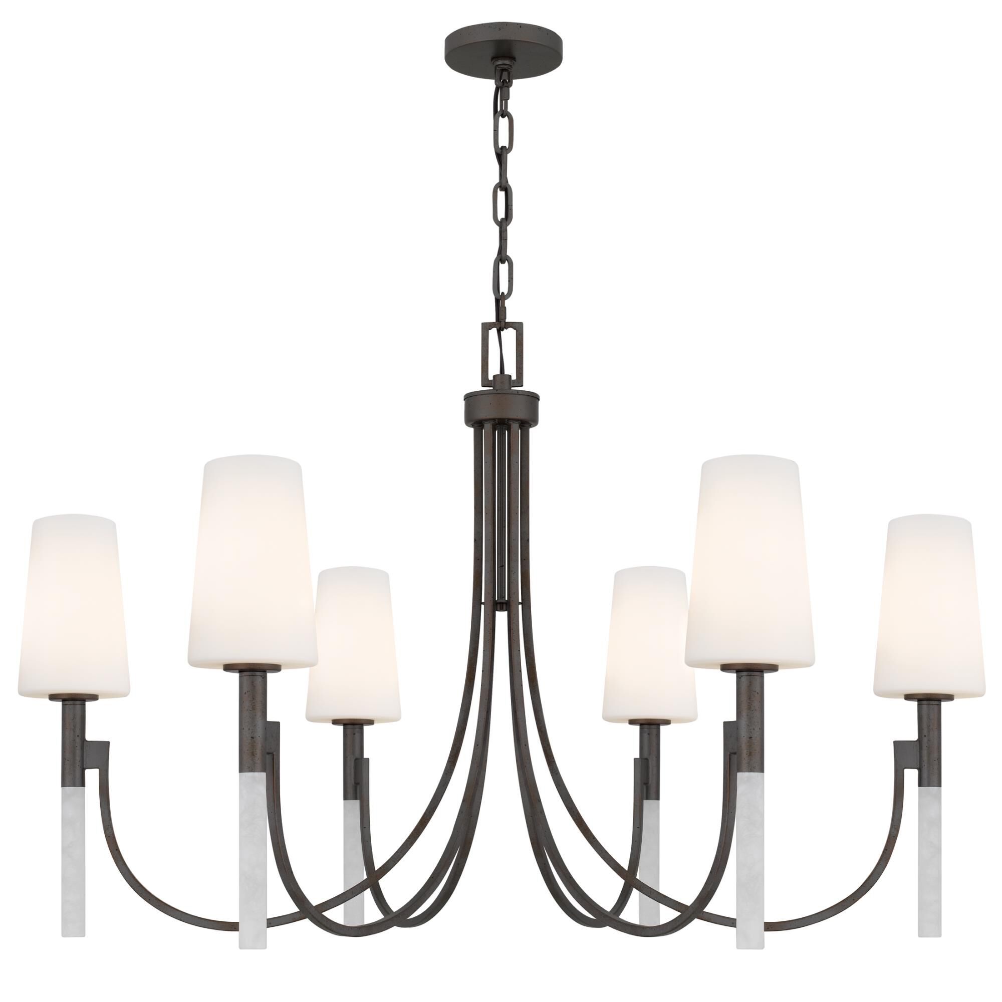 Shown in Iron Gate finish and Opal Etched Glass shade