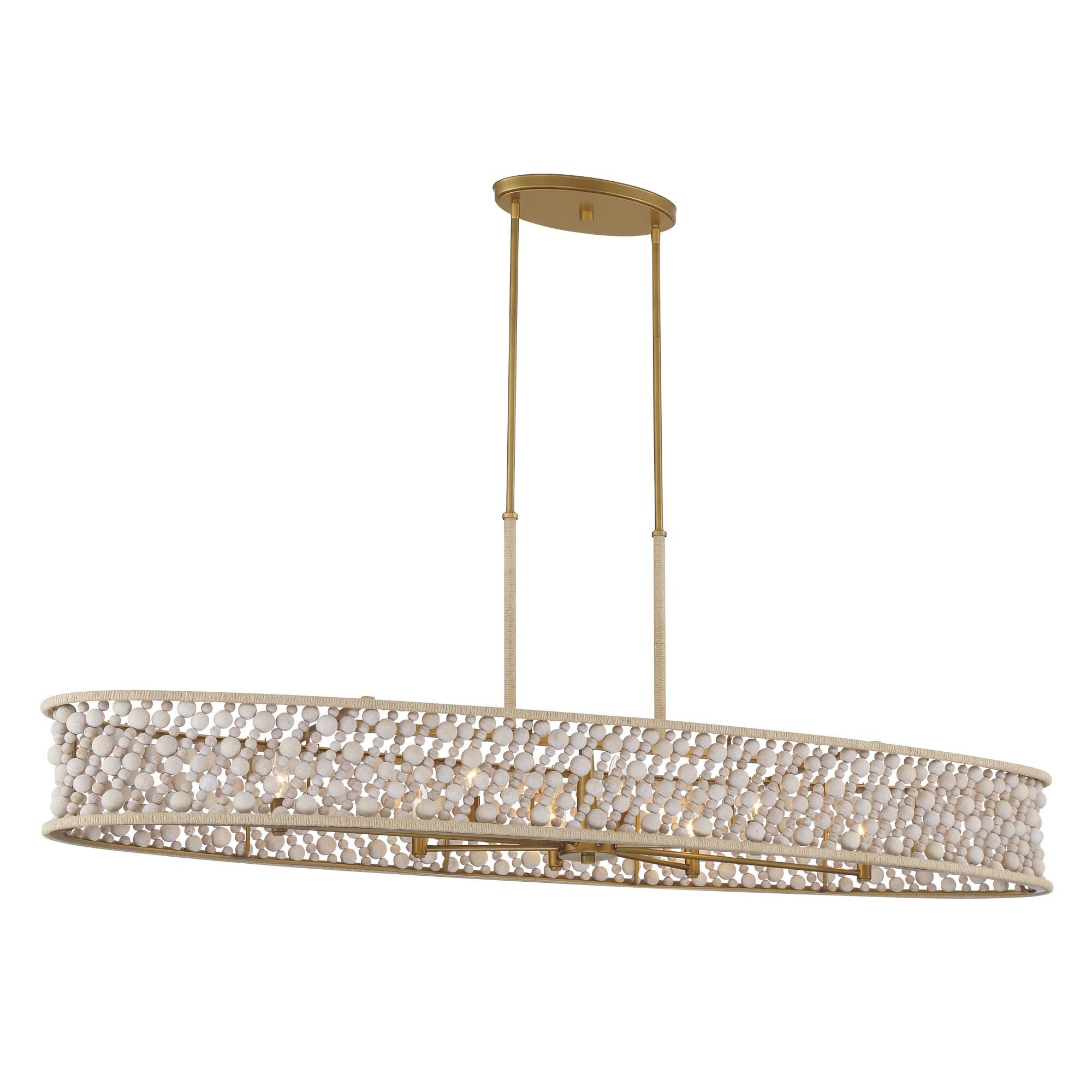 Shown in Legacy Brass (Painted) finish and Bleached glass and Wooden Beads W/Hemp Rope shade