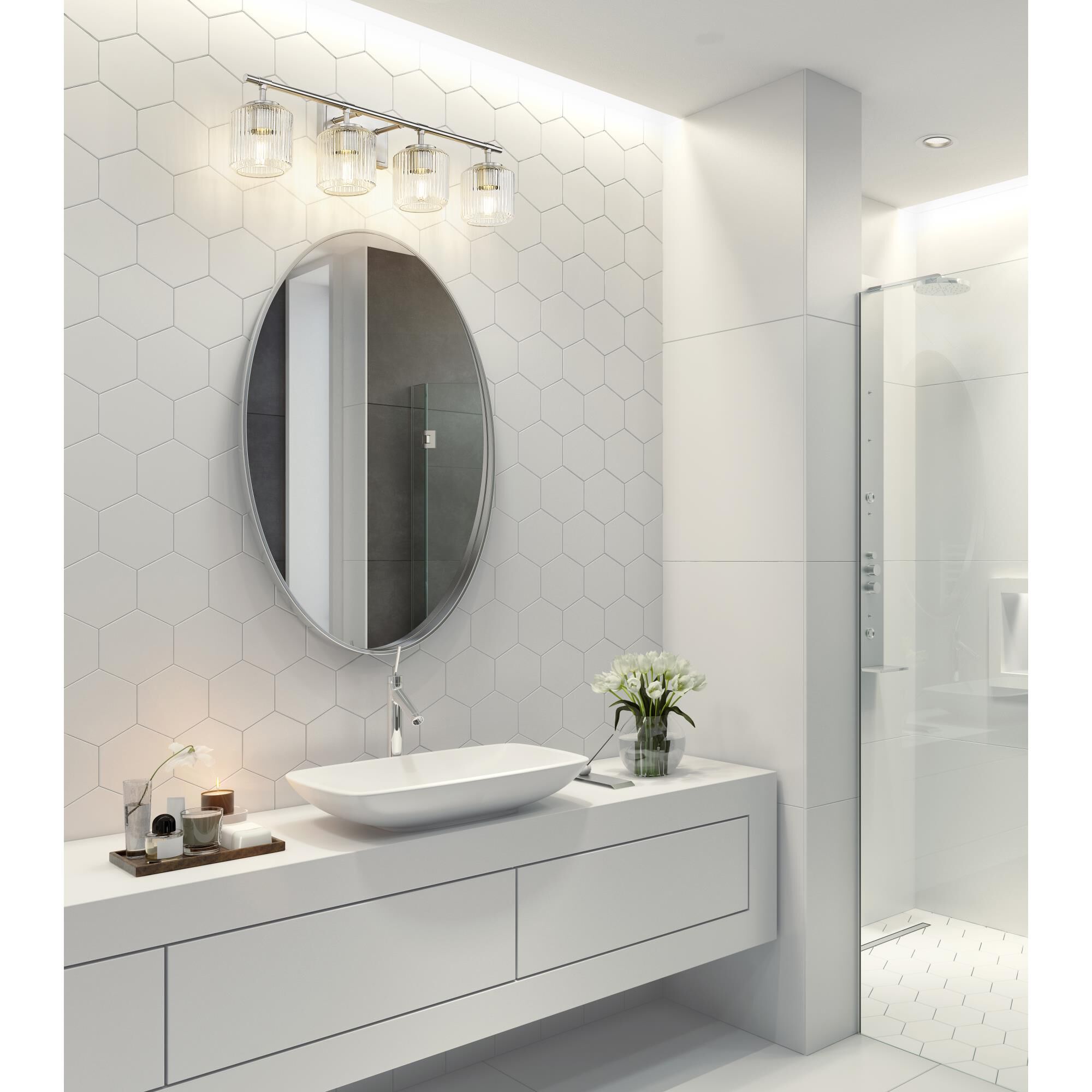 Shown in Brushed Nickel finish and Clear Ribbed glass and Clear Ribbed shade