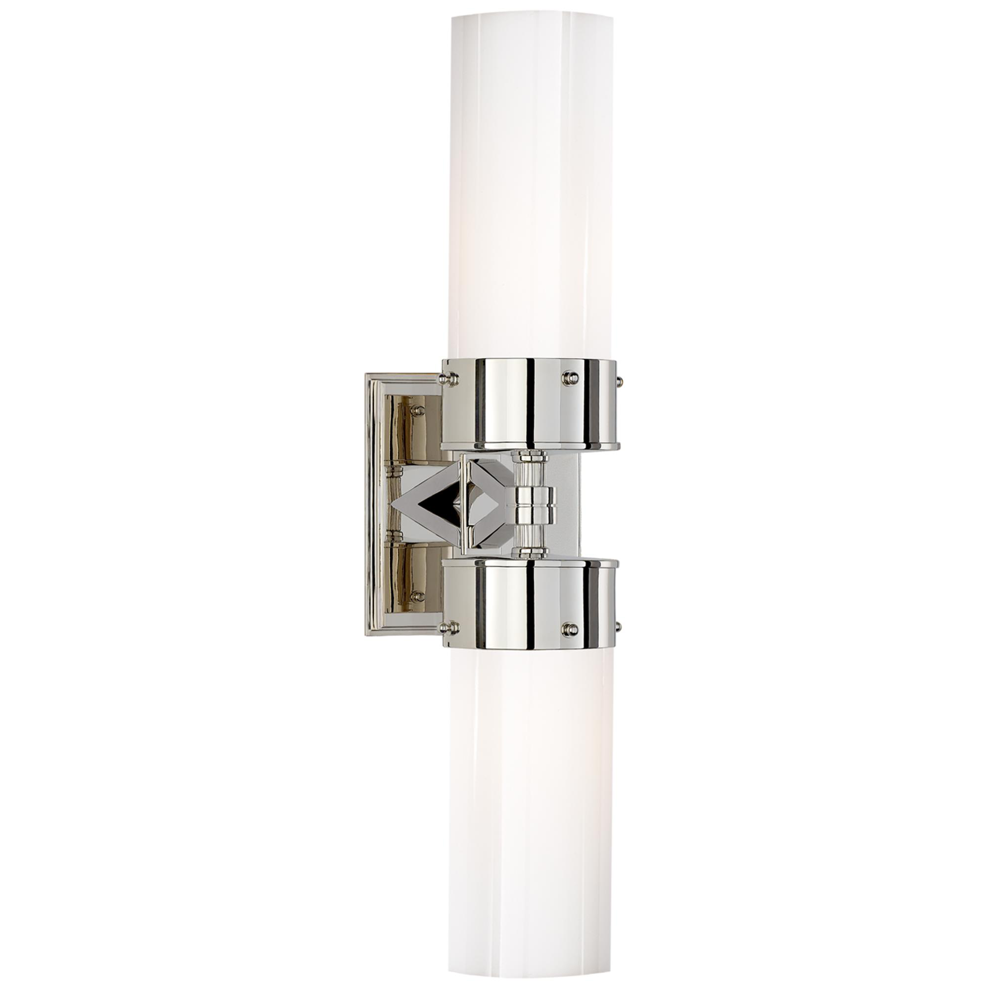 Shown in Polished Nickel finish and White glass