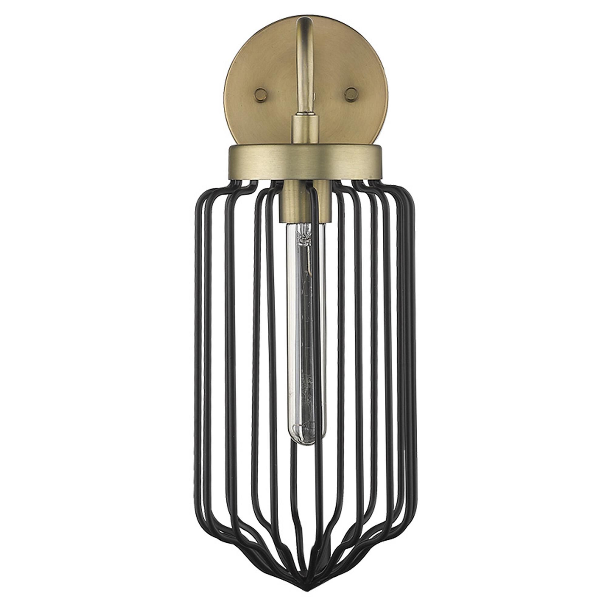 Shown in Aged Brass finish and Black glass and Black, Cylindrical Metal Cage s shade