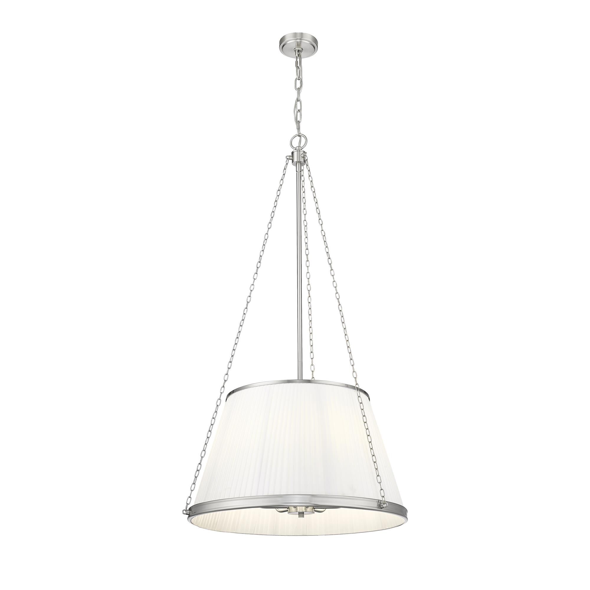 Shown in Brushed Nickel finish and White glass and White shade